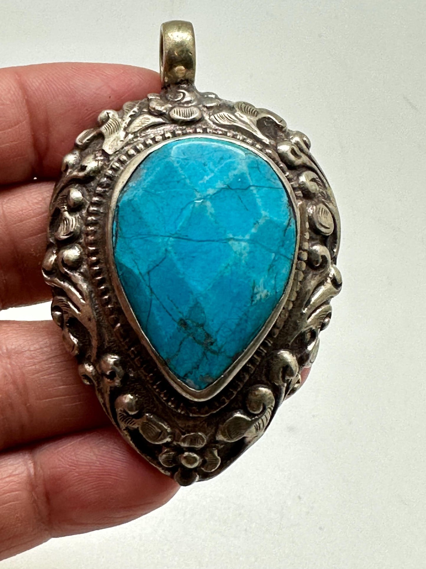 large pendant, blue stone pendant, handcrafted, tibetan silver, ethnic style,58mmX37mm