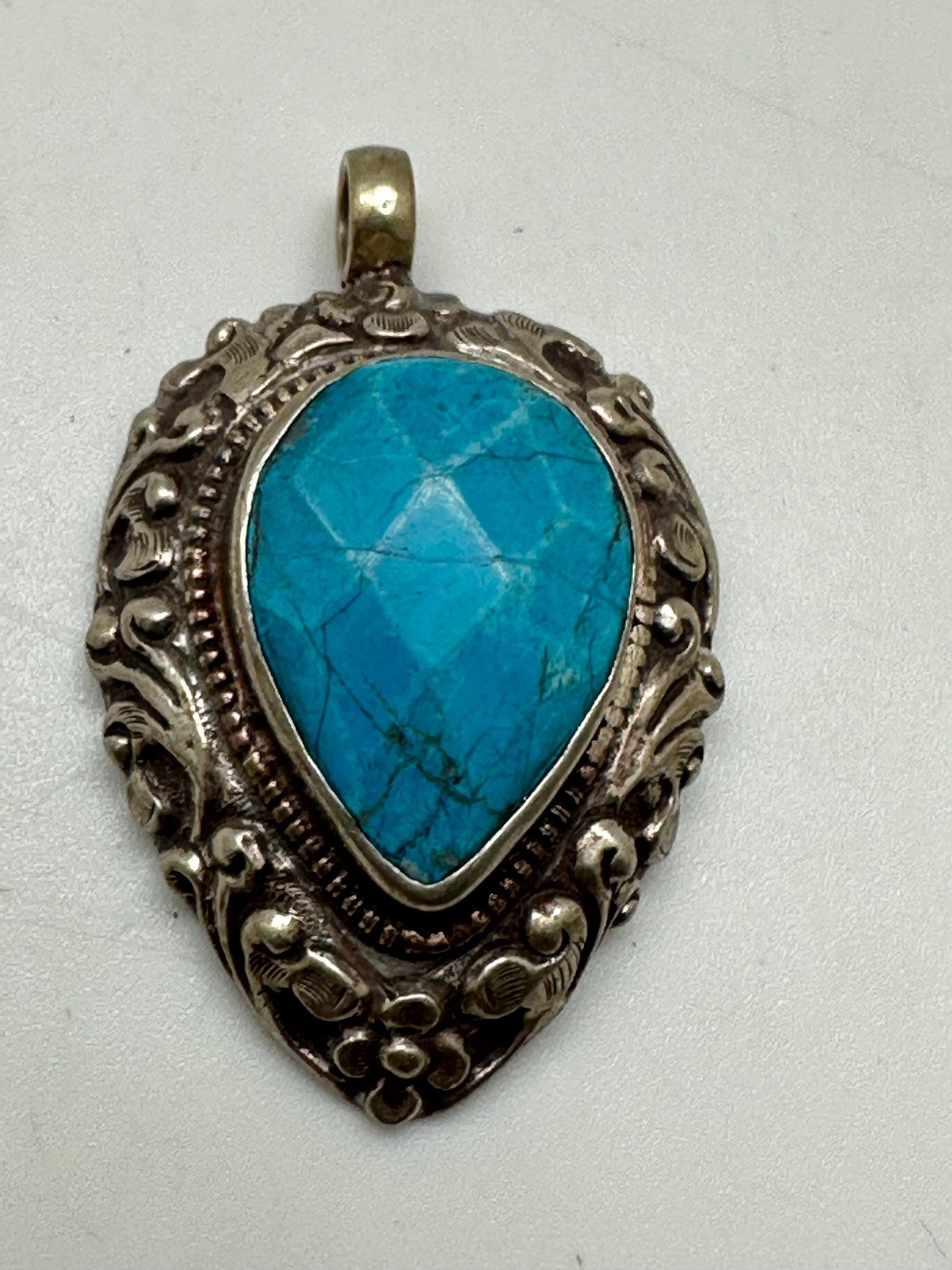 large pendant, blue stone pendant, handcrafted, tibetan silver, ethnic style,58mmX37mm