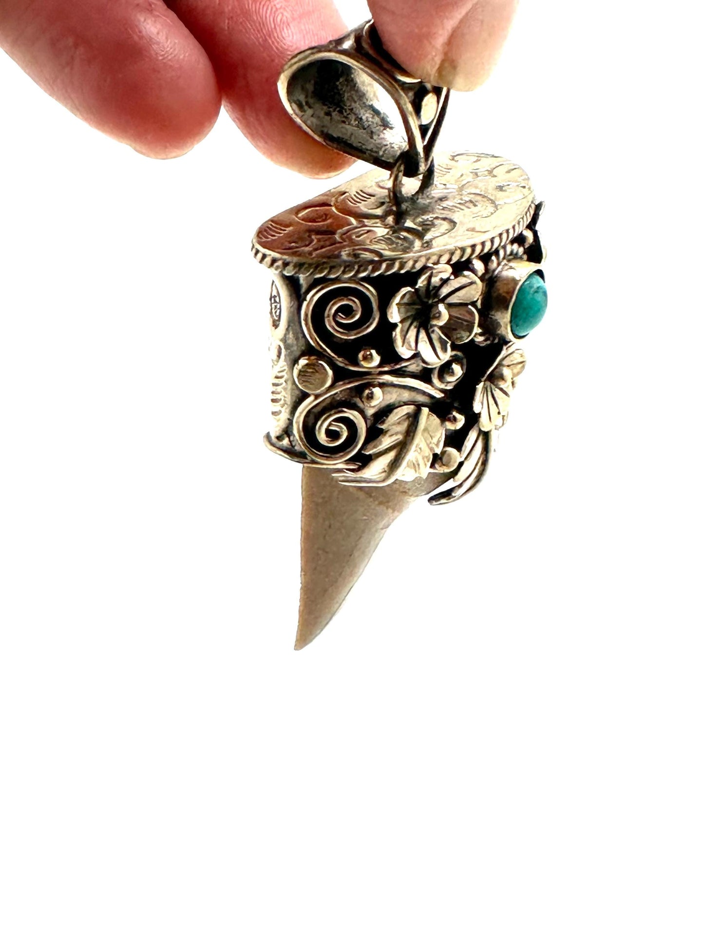 Fossil shark tooth pendant,Tibetan Repousse silver,turquoise ,handcrafted,ethnic style,