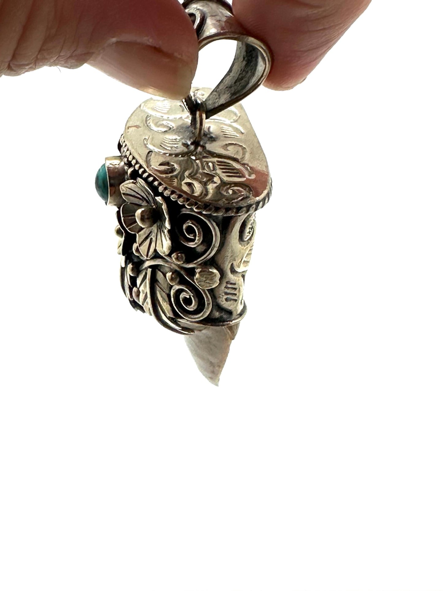 Fossil shark tooth pendant,Tibetan Repousse silver,turquoise ,handcrafted,ethnic style,