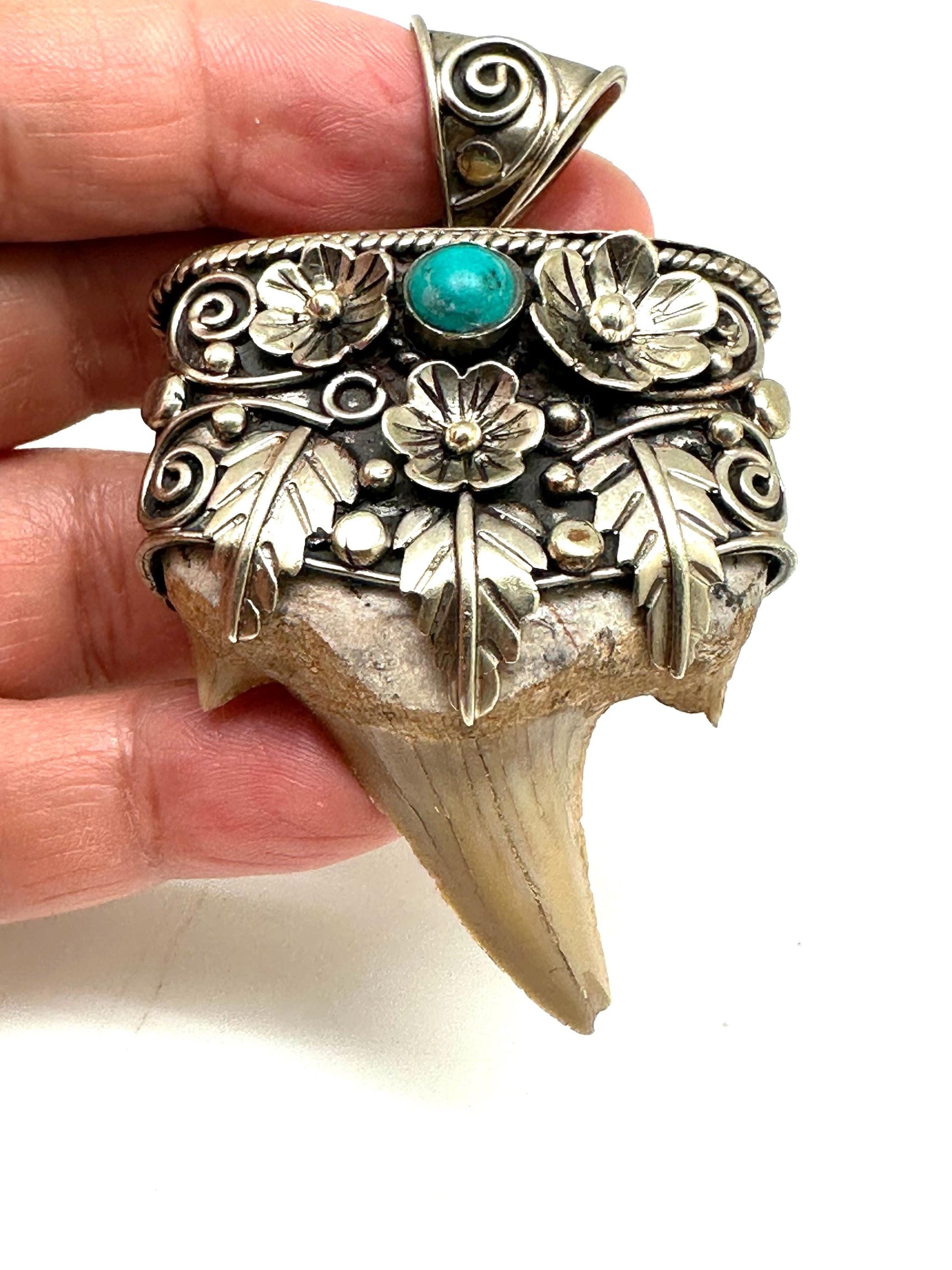 Fossil shark tooth pendant,Tibetan Repousse silver,turquoise ,handcrafted,ethnic style,