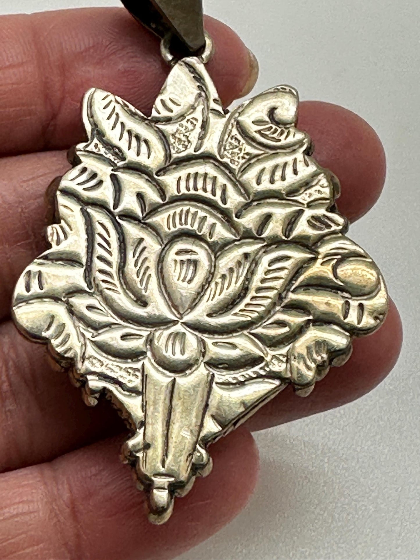 Fossil shark tooth pendant,handcrafted,Tibetan silver,floral jewelry,ethnic style,60mmX33mm