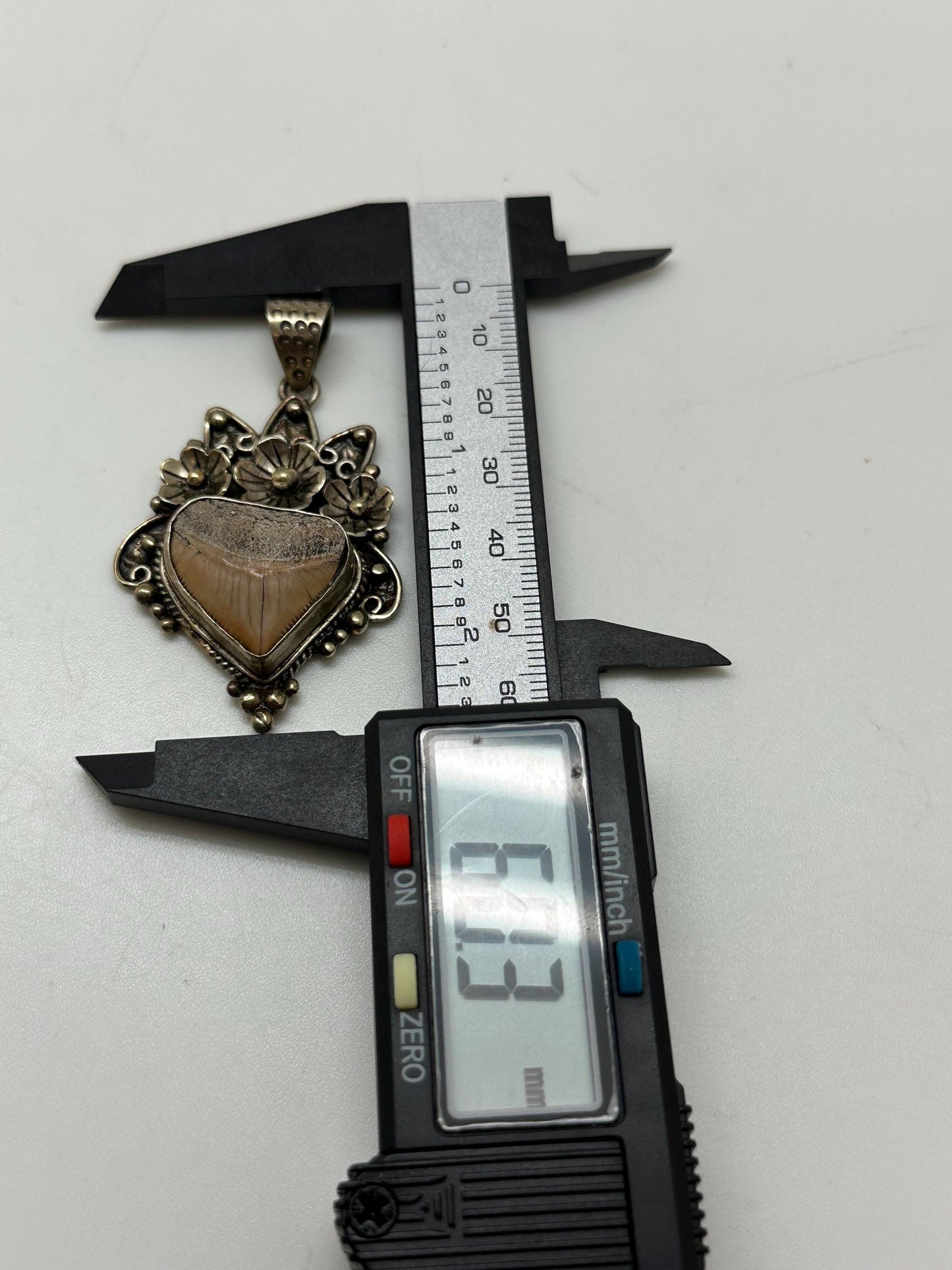 Fossil shark tooth pendant,handcrafted,Tibetan silver,floral jewelry,ethnic style,60mmX33mm