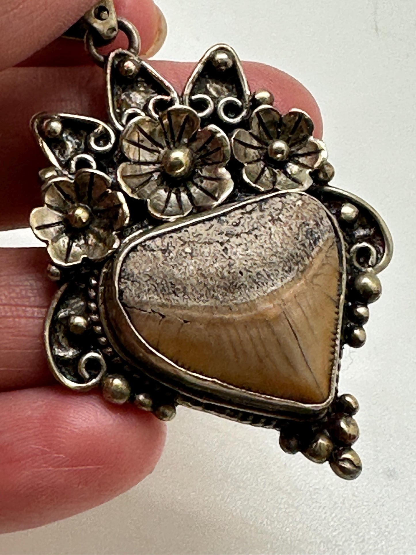 Fossil shark tooth pendant,handcrafted,Tibetan silver,floral jewelry,ethnic style,60mmX33mm