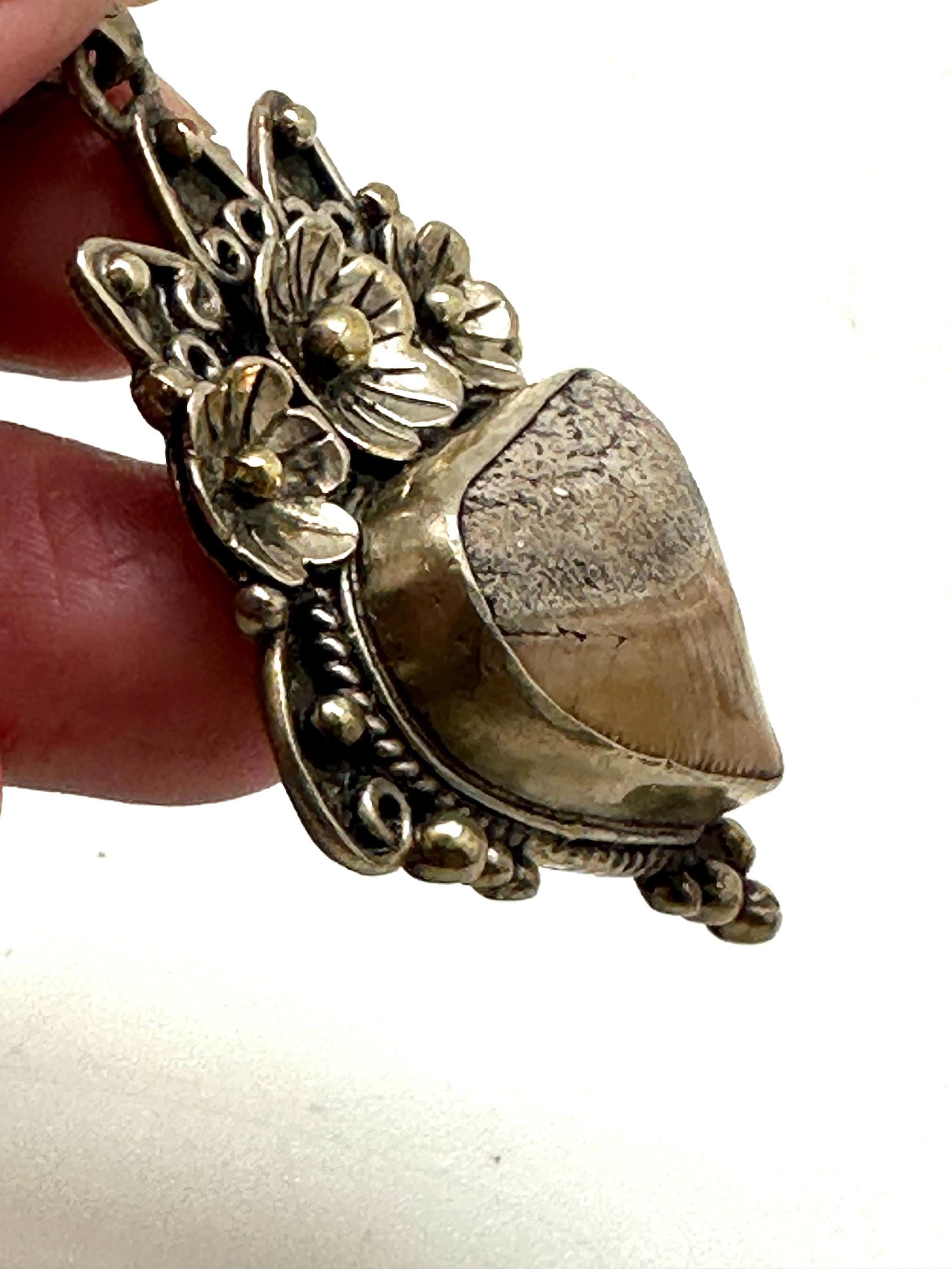 Fossil shark tooth pendant,handcrafted,Tibetan silver,floral jewelry,ethnic style,60mmX33mm
