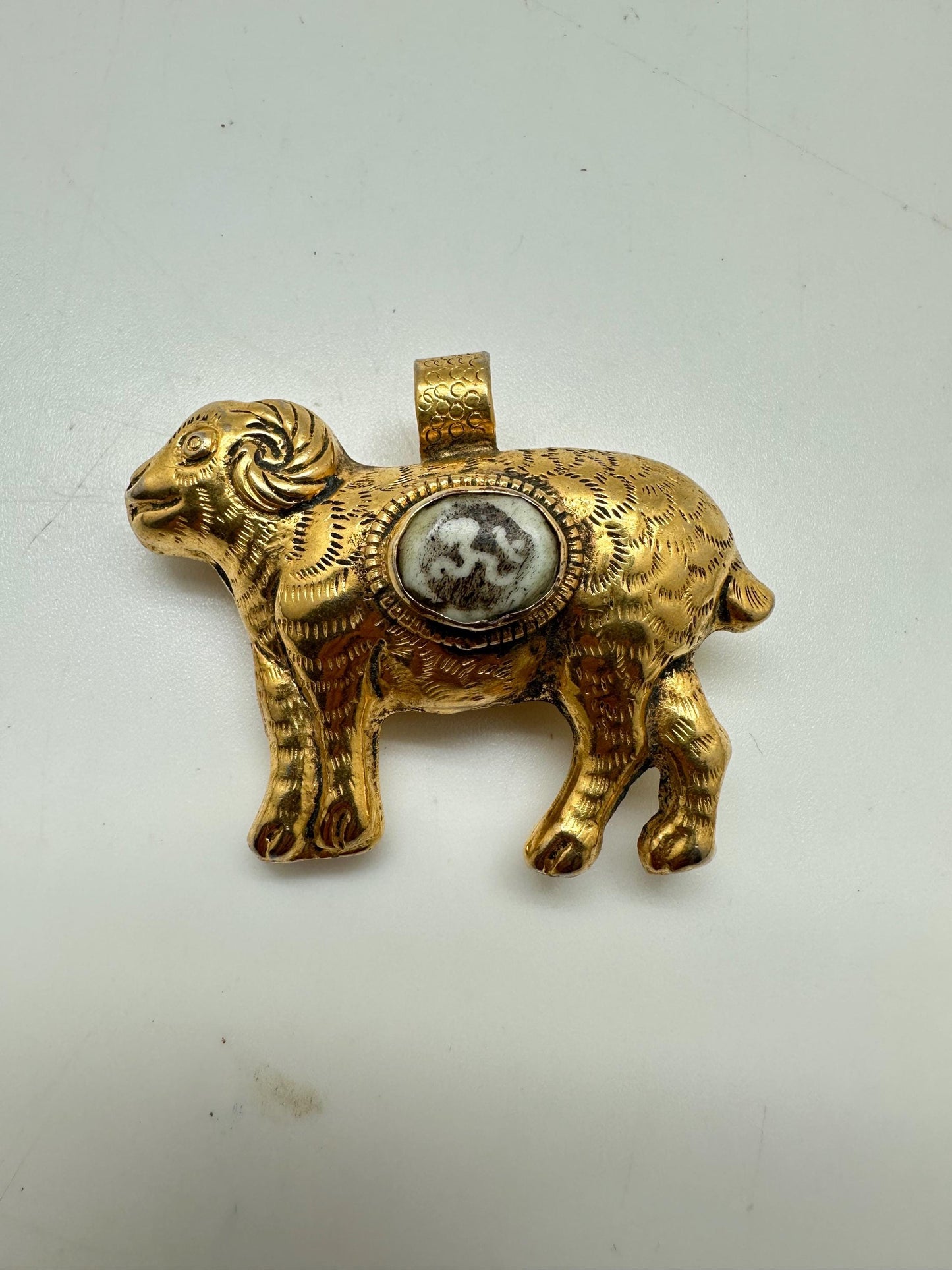 Sheep pendant, Om pendant, gold plated,handcrafted,animal lover,Tibetan silver,58mmX48mm
