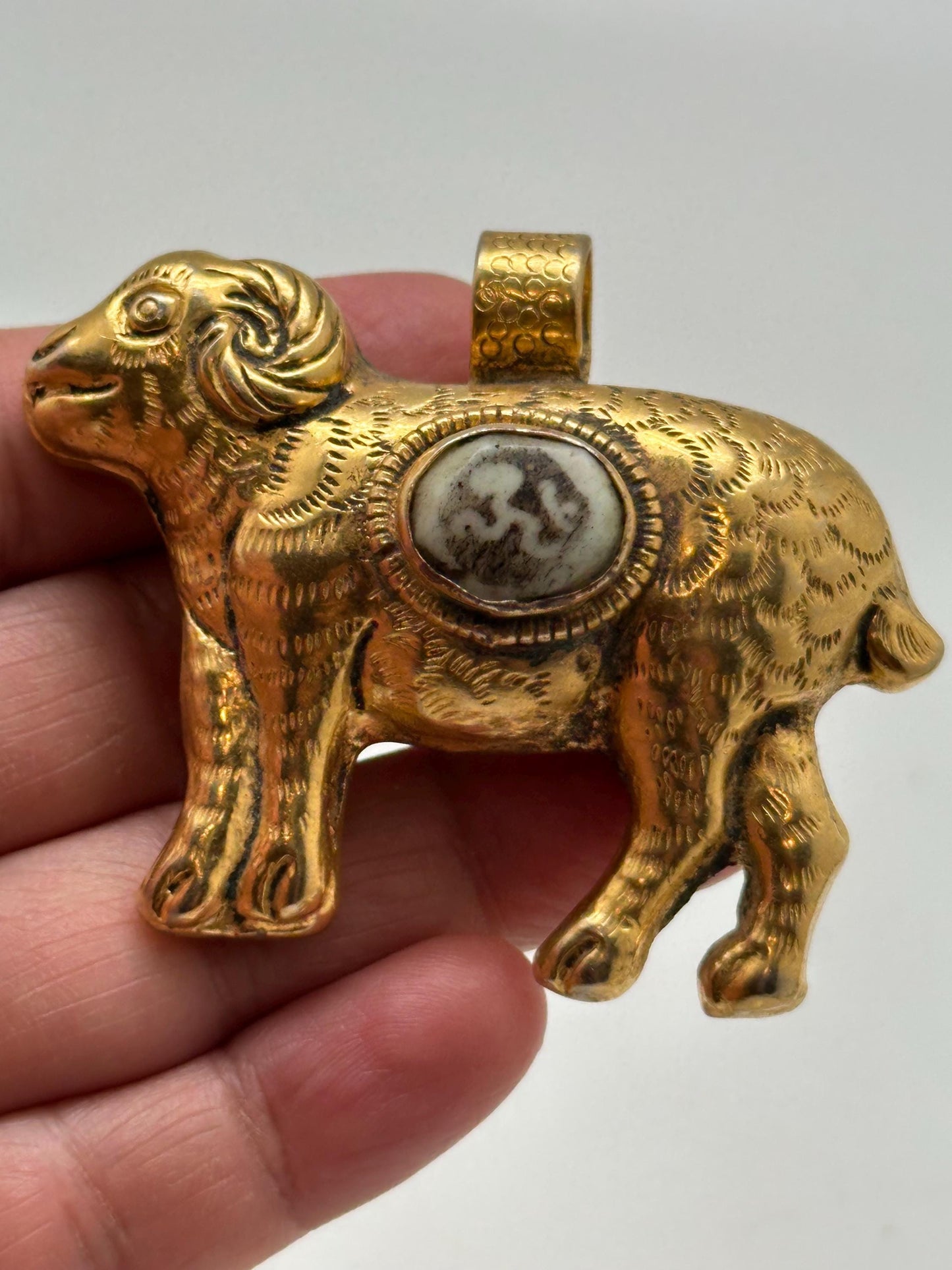 Sheep pendant, Om pendant, gold plated,handcrafted,animal lover,Tibetan silver,58mmX48mm