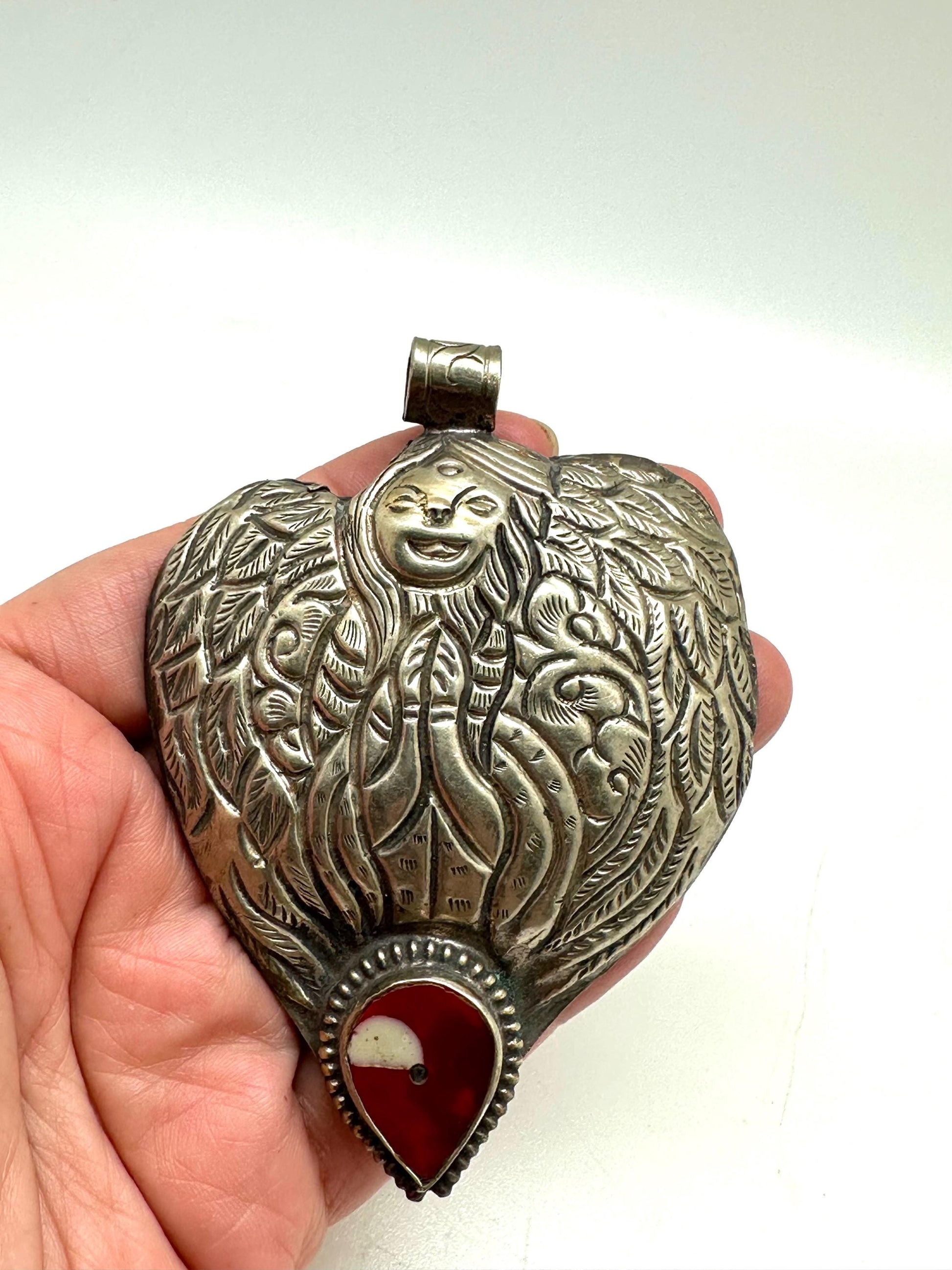 Lady pendant, heart shape, resin coral, Tibetan silver,Nepalese,82mmX61mm
