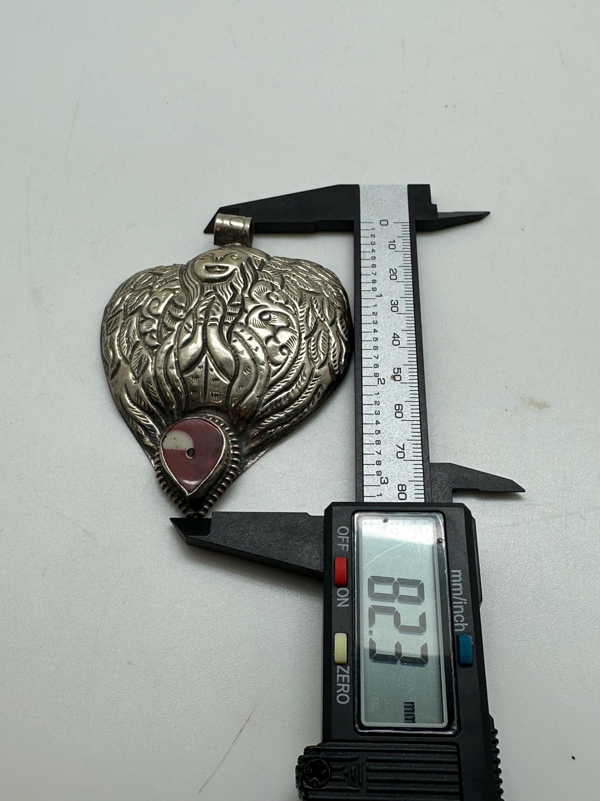 Lady pendant, heart shape, resin coral, Tibetan silver,Nepalese,82mmX61mm