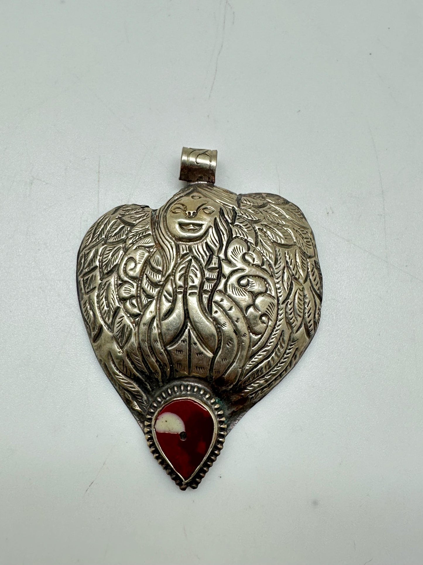 Lady pendant, heart shape, resin coral, Tibetan silver,Nepalese,82mmX61mm