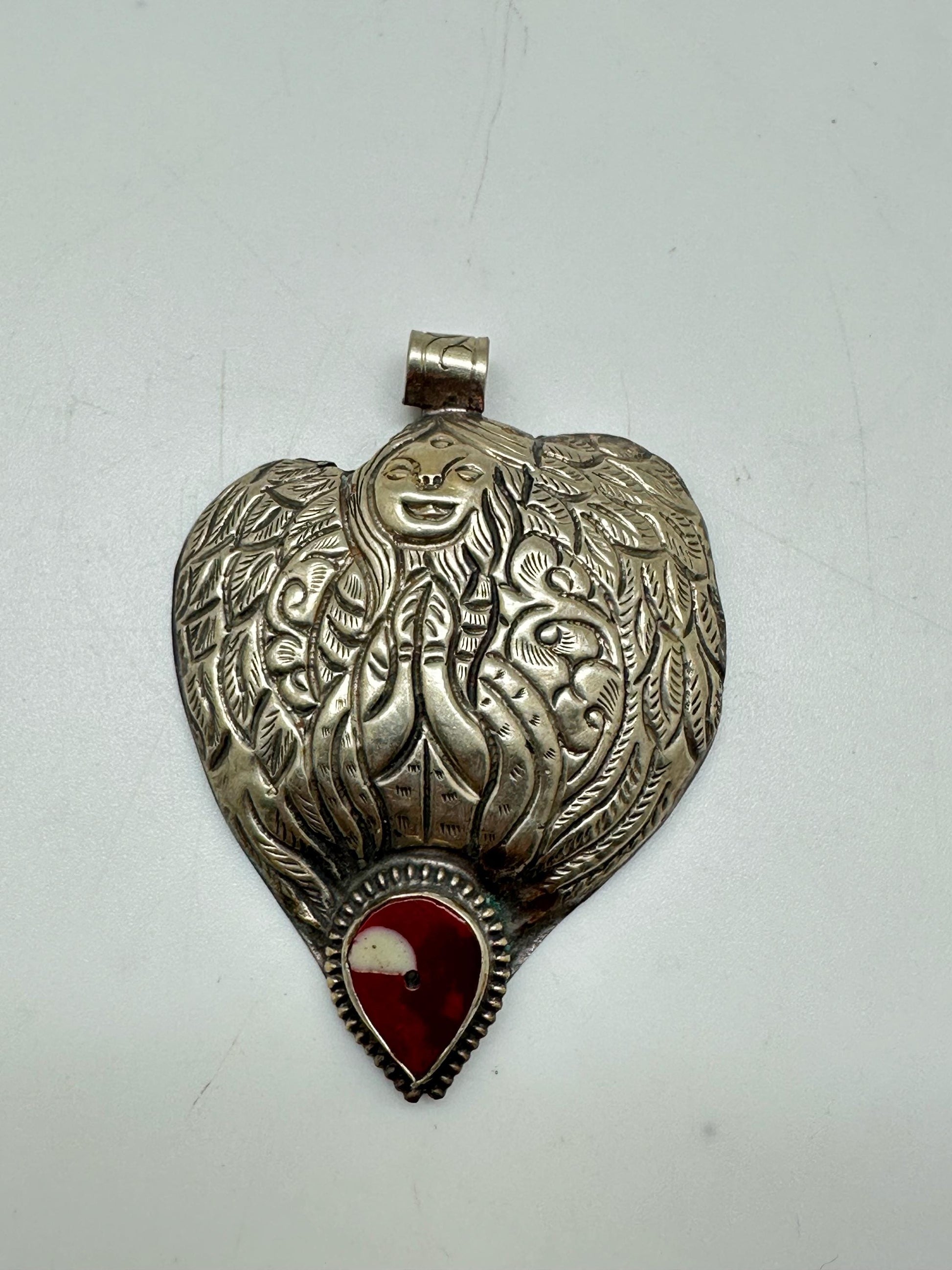 Lady pendant, heart shape, resin coral, Tibetan silver,Nepalese,82mmX61mm