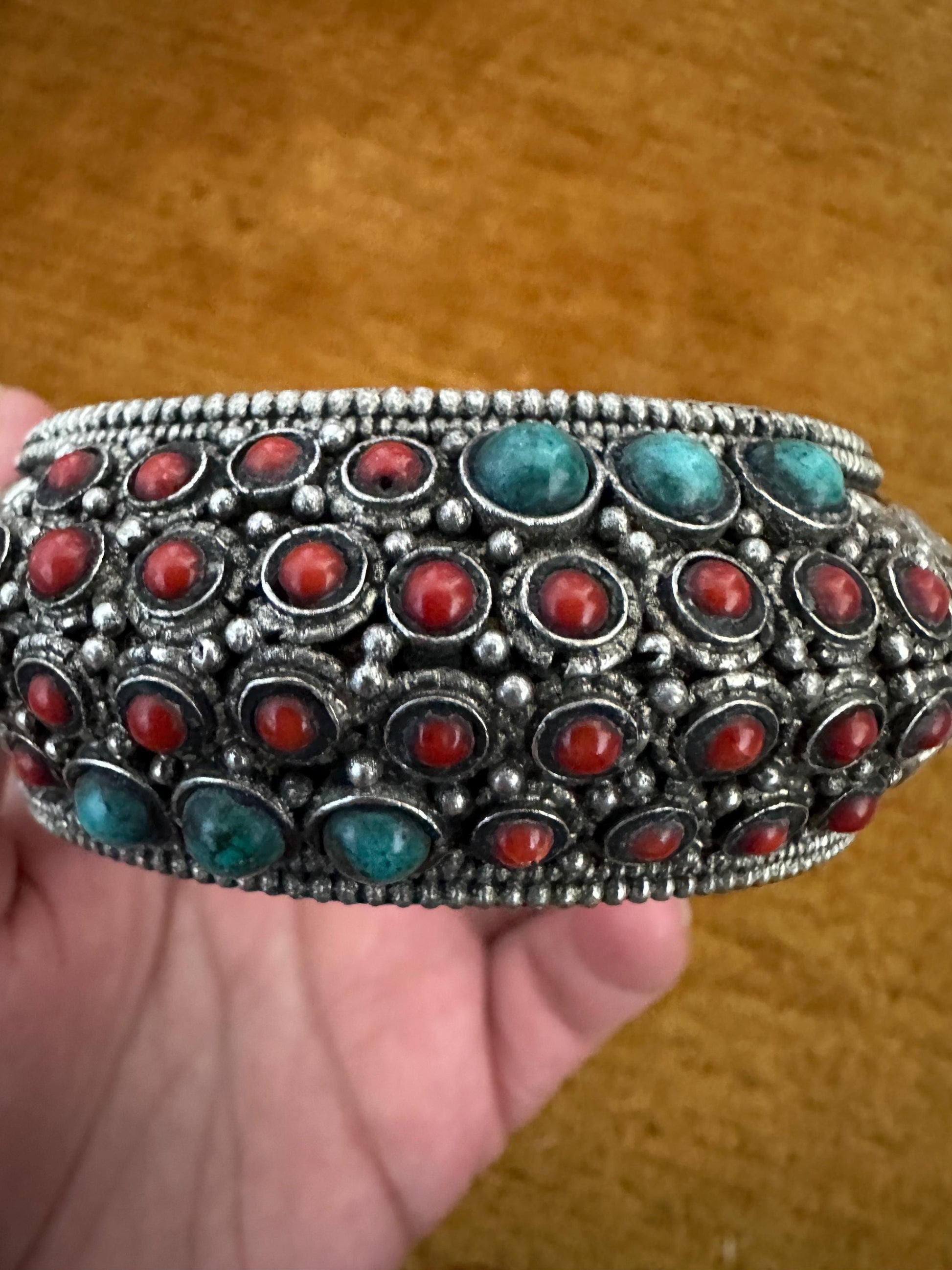cuff bracelet, bangle, handcrafted, coral,turquoise ethnic design, animal lover, Tibetan silver, Himalayan, Nepalese