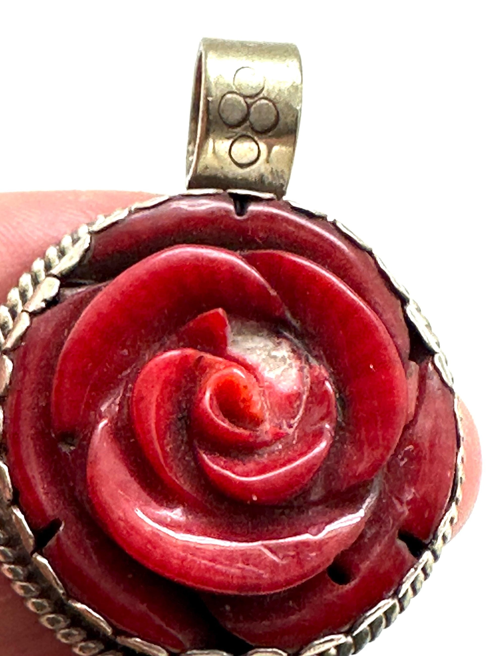 Rose pendant,Bamboo coral flower pendant, handcrafted,Tibetan silver ,ethnic style,Nepalese
