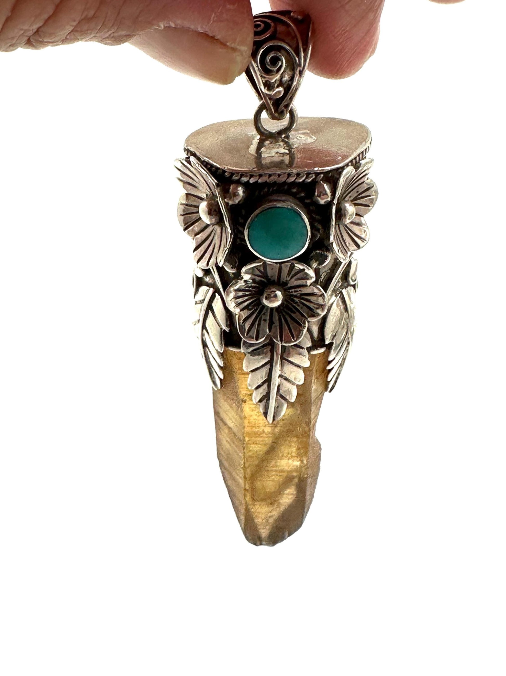 smoky quartz point pendant, turquoise,handcrafted,tibetan silver,69mmX17mm