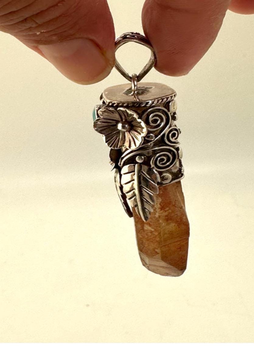 smoky quartz point pendant, turquoise,handcrafted,tibetan silver,69mmX17mm