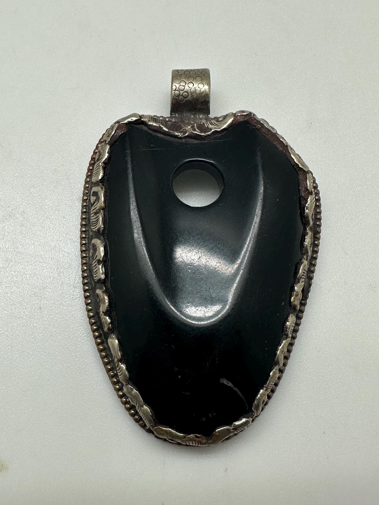Large Black obsidian pendant, handcrafted,Tibetan silver,ethnic design,Nepalese