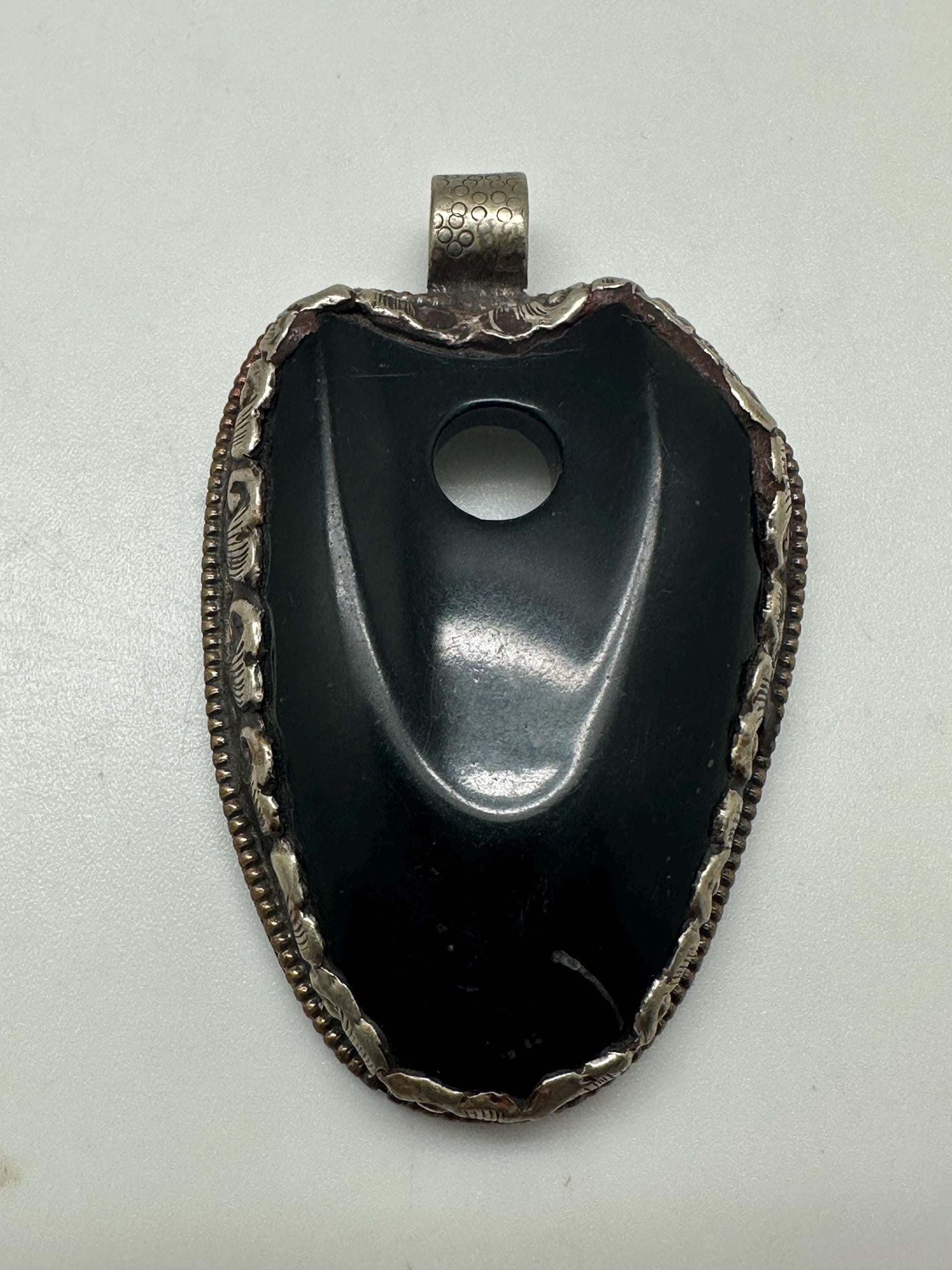 Large Black obsidian pendant, handcrafted,Tibetan silver,ethnic design,Nepalese