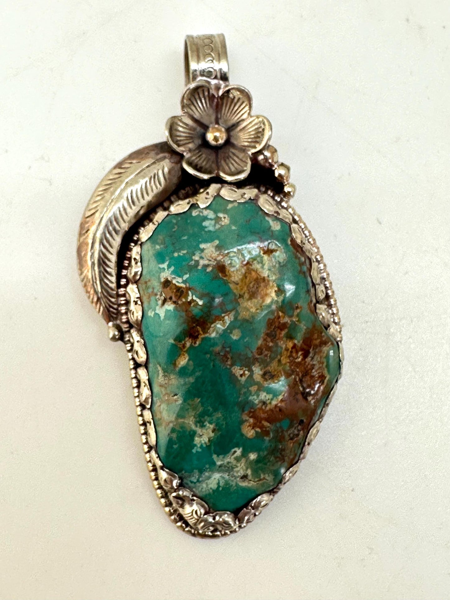 turquoise pendant ,handcrafted, tibetan silver, floral design, ethnic style,Nepalese