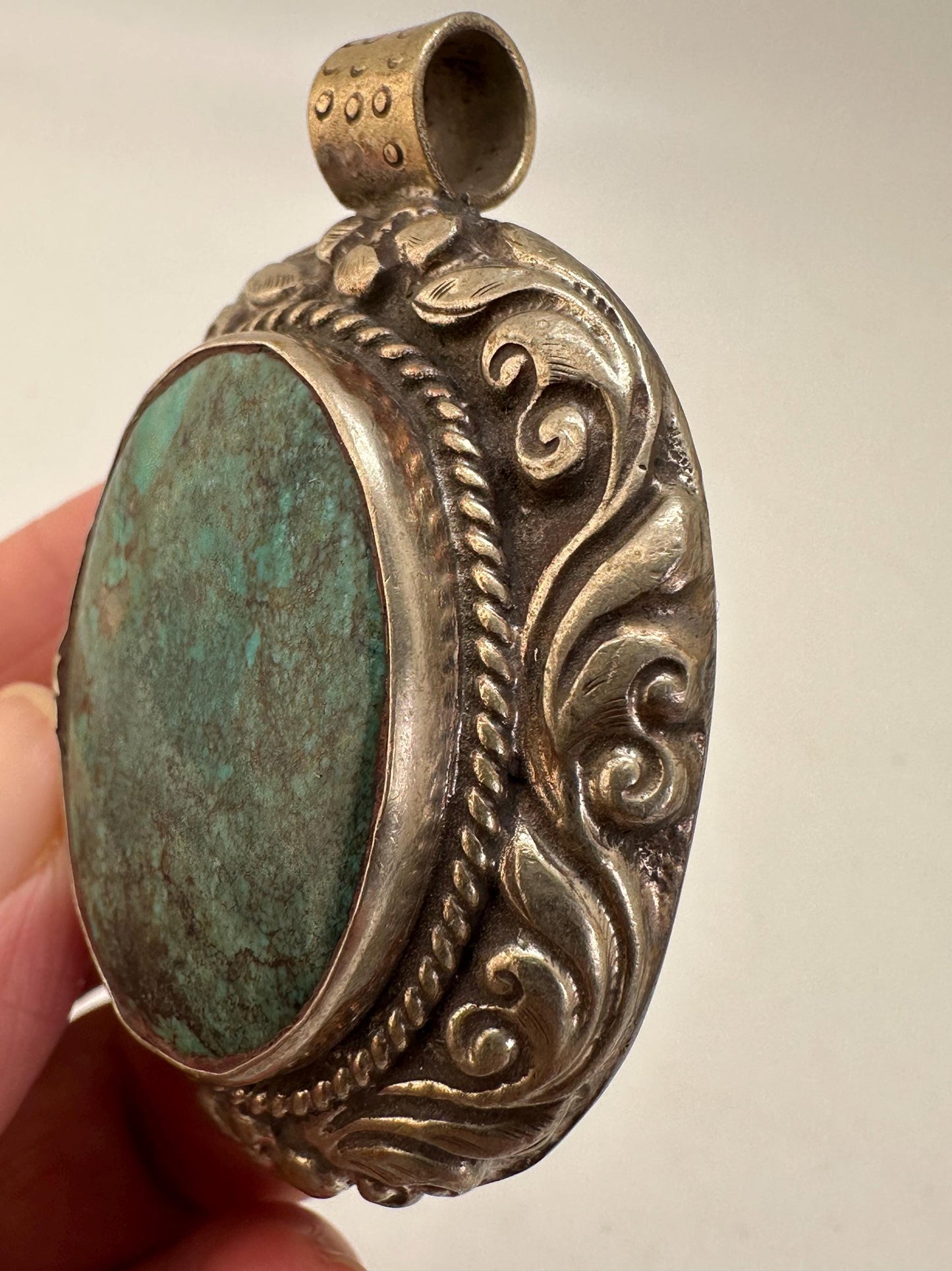 turquoise pendant, handcrafted,tibetan repousse silver,ethnic style,Nepalese 52mmX32mm