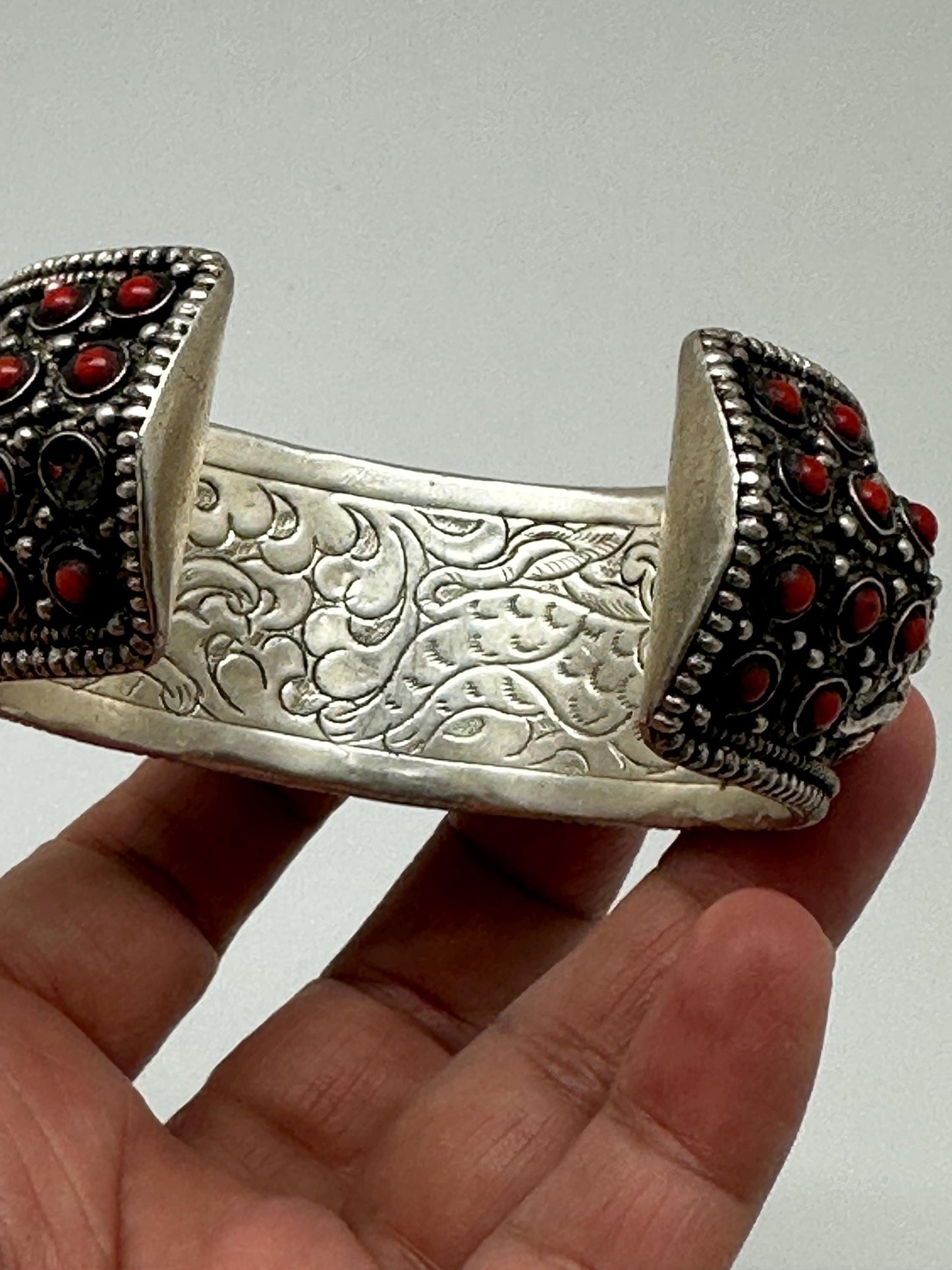 cuff bracelet, bangle, handcrafted, coral,turquoise ethnic design, animal lover, Tibetan silver, Himalayan, Nepalese
