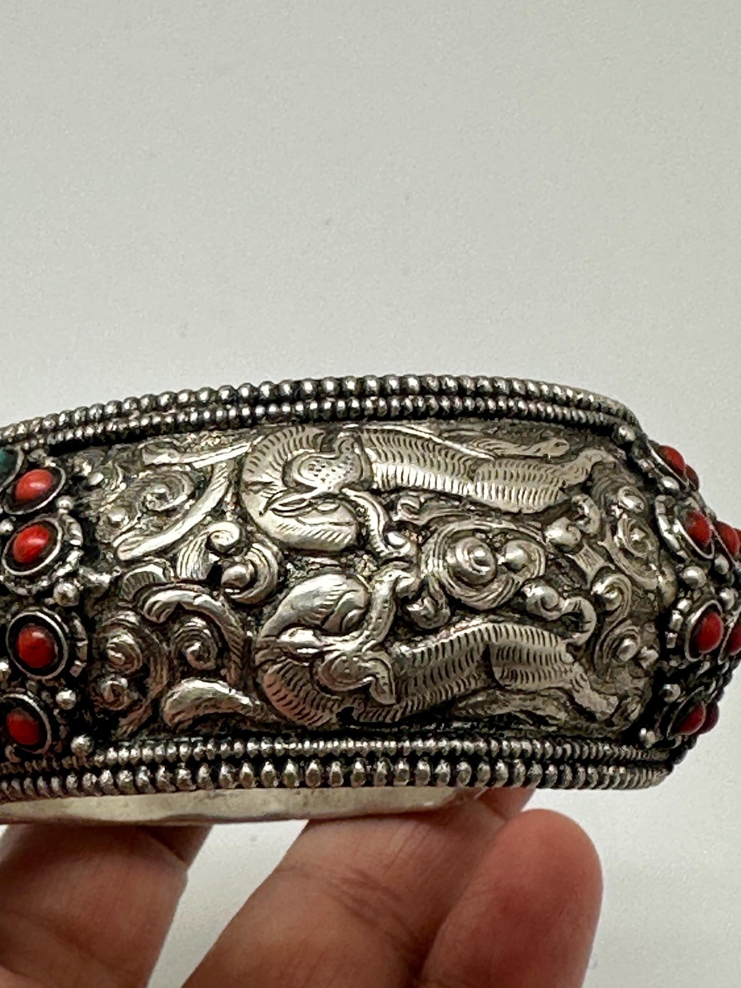 cuff bracelet, bangle, handcrafted, coral,turquoise ethnic design, animal lover, Tibetan silver, Himalayan, Nepalese