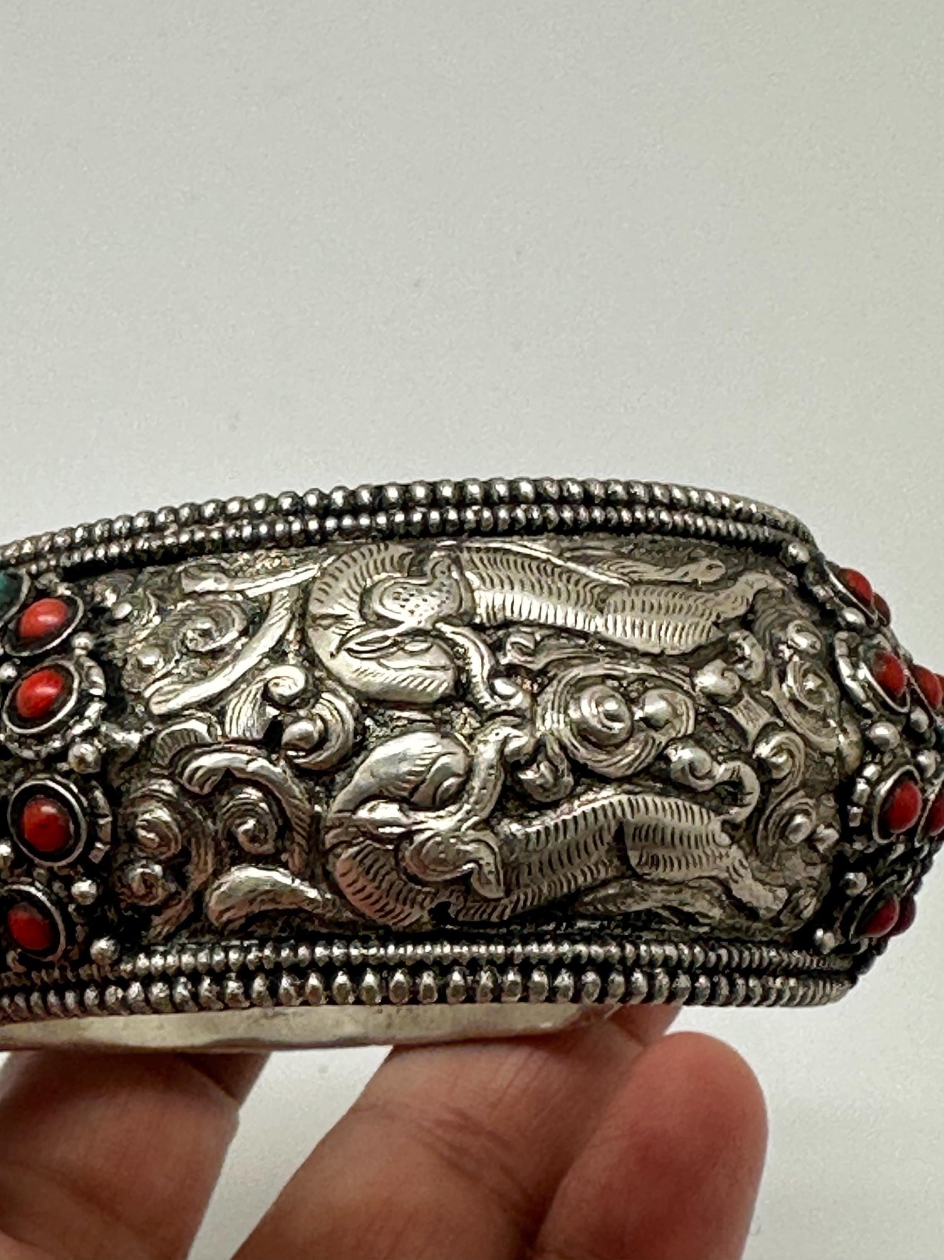 cuff bracelet, bangle, handcrafted, coral,turquoise ethnic design, animal lover, Tibetan silver, Himalayan, Nepalese