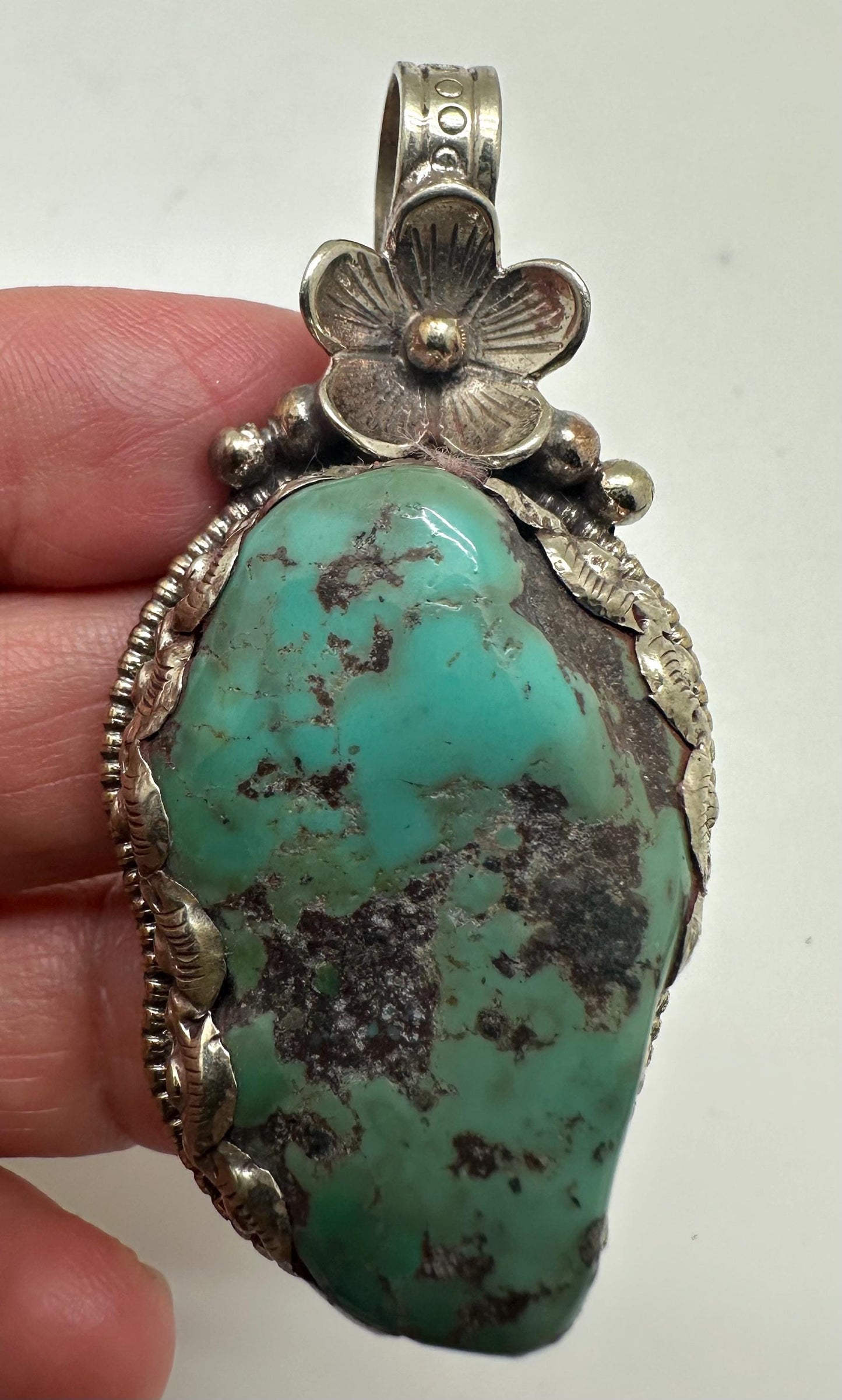 Turquoise pendant, handcrafted,Tibetan reposse silver, floral design, ethnic style