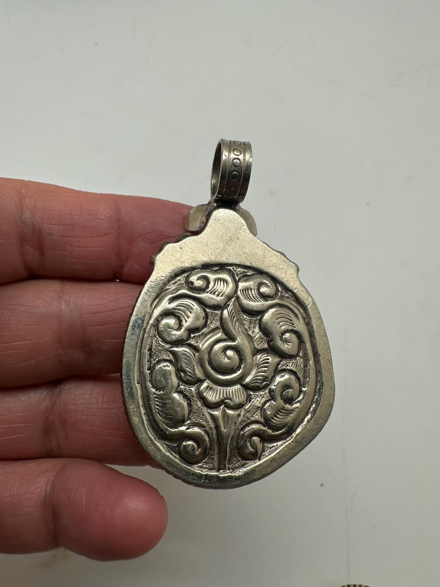 Turquoise pendant, handcrafted,Tibetan reposse silver, floral design, ethnic style