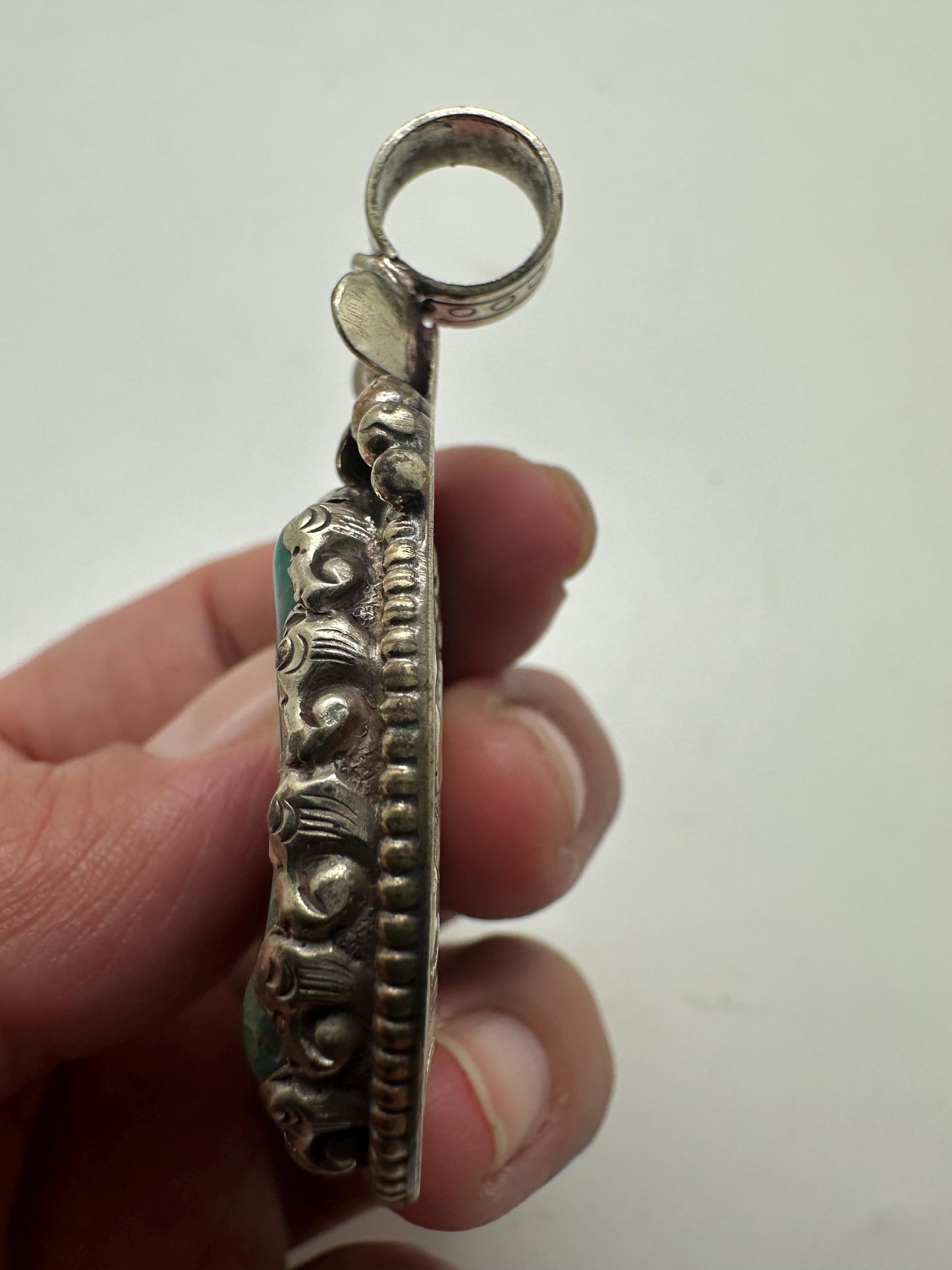 Turquoise pendant, handcrafted,Tibetan reposse silver, floral design, ethnic style