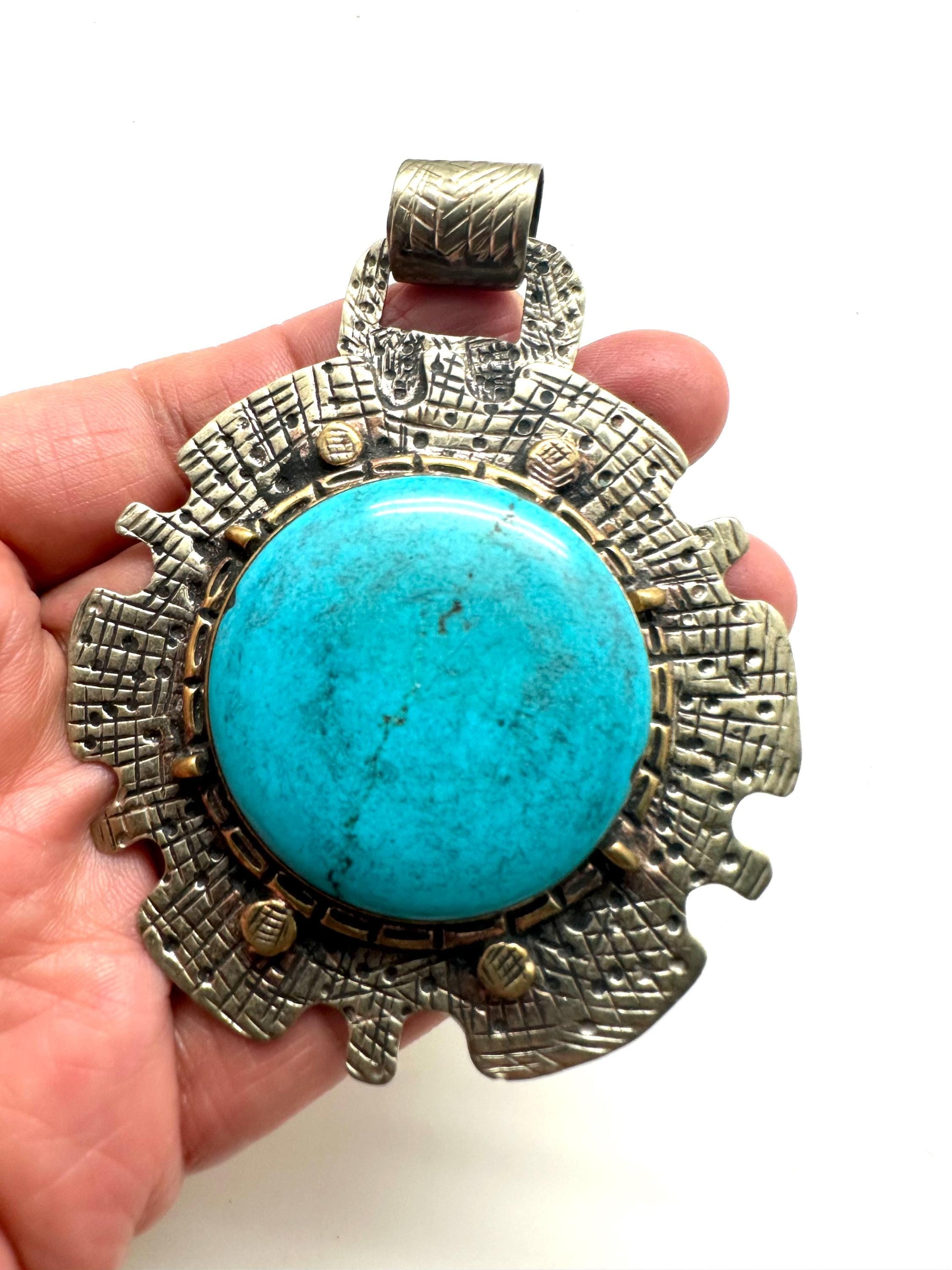 Large turquoise pendant,howlite turquoise,handcrafted,Tibetan silver,77mmX50mm