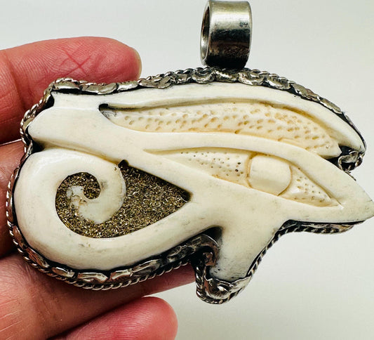 Eye of Horus pendant, Bone carved pendant,handcrafted,Tibetan silver, protection,59mmX49mm