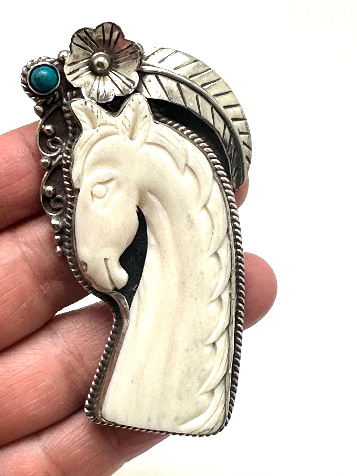 Horse pendant, handcrafted,tibetan silver, bone carved pendant, turquoise,71.8mmX31.3mm