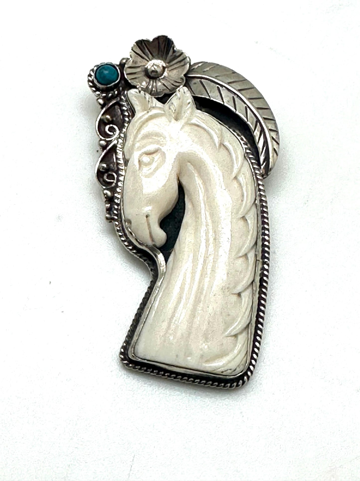 Horse pendant, handcrafted,tibetan silver, bone carved pendant, turquoise,71.8mmX31.3mm