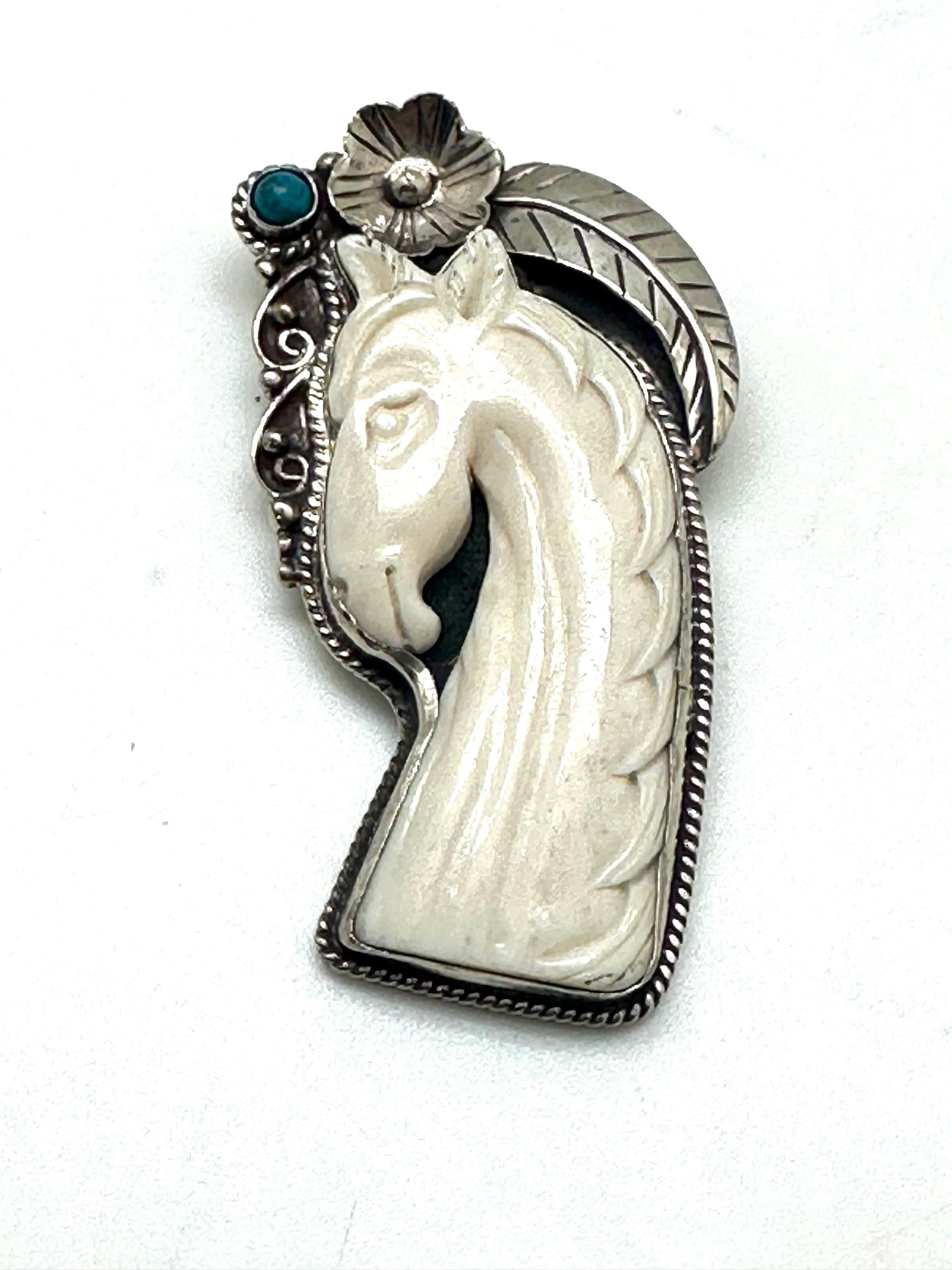 Horse pendant, handcrafted,tibetan silver, bone carved pendant, turquoise,71.8mmX31.3mm