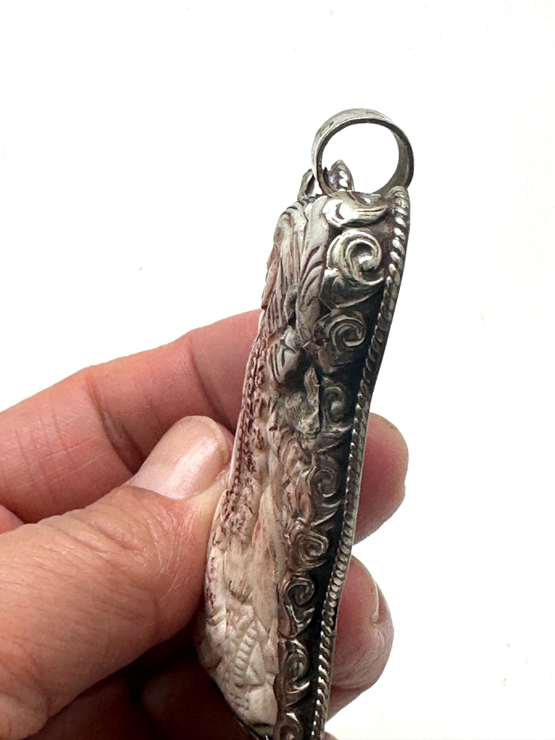 Bone carved Kali mata pendant,Goddess Kali,amulet, handcrafted,tibetan silver,Nepalese,69mmX39mm