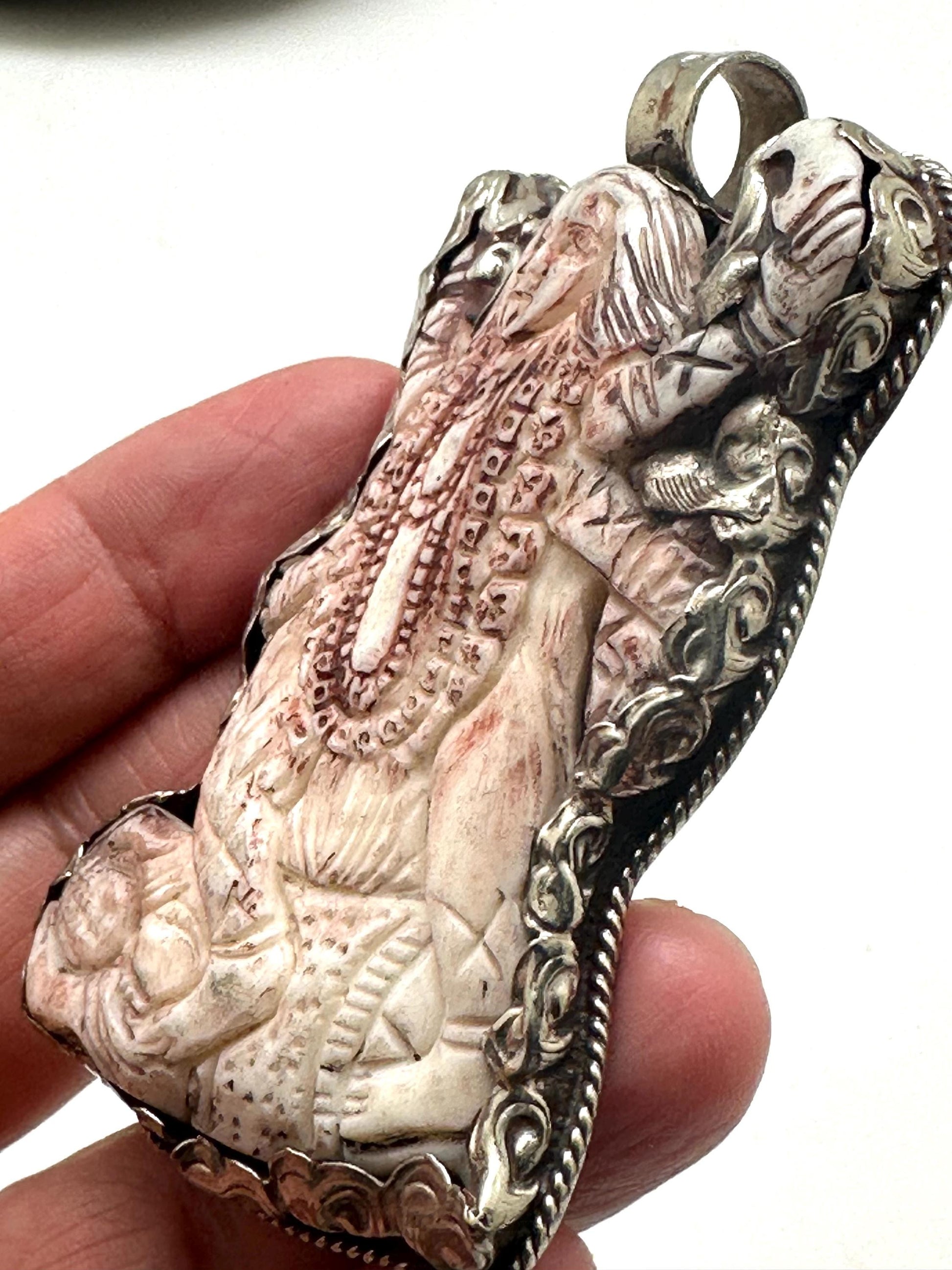 Bone carved Kali mata pendant,Goddess Kali,amulet, handcrafted,tibetan silver,Nepalese,69mmX39mm