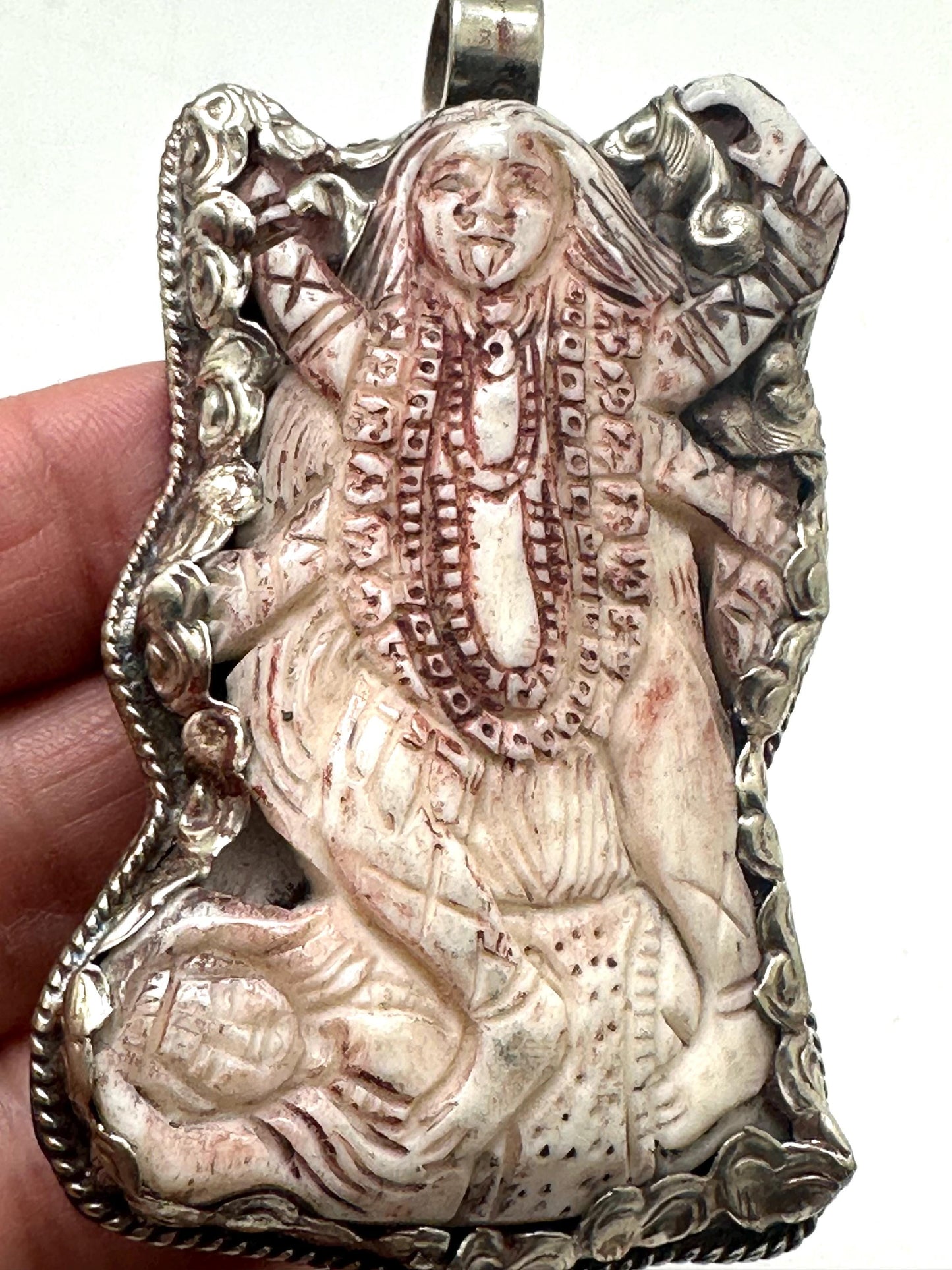 Bone carved Kali mata pendant,Goddess Kali,amulet, handcrafted,tibetan silver,Nepalese,69mmX39mm