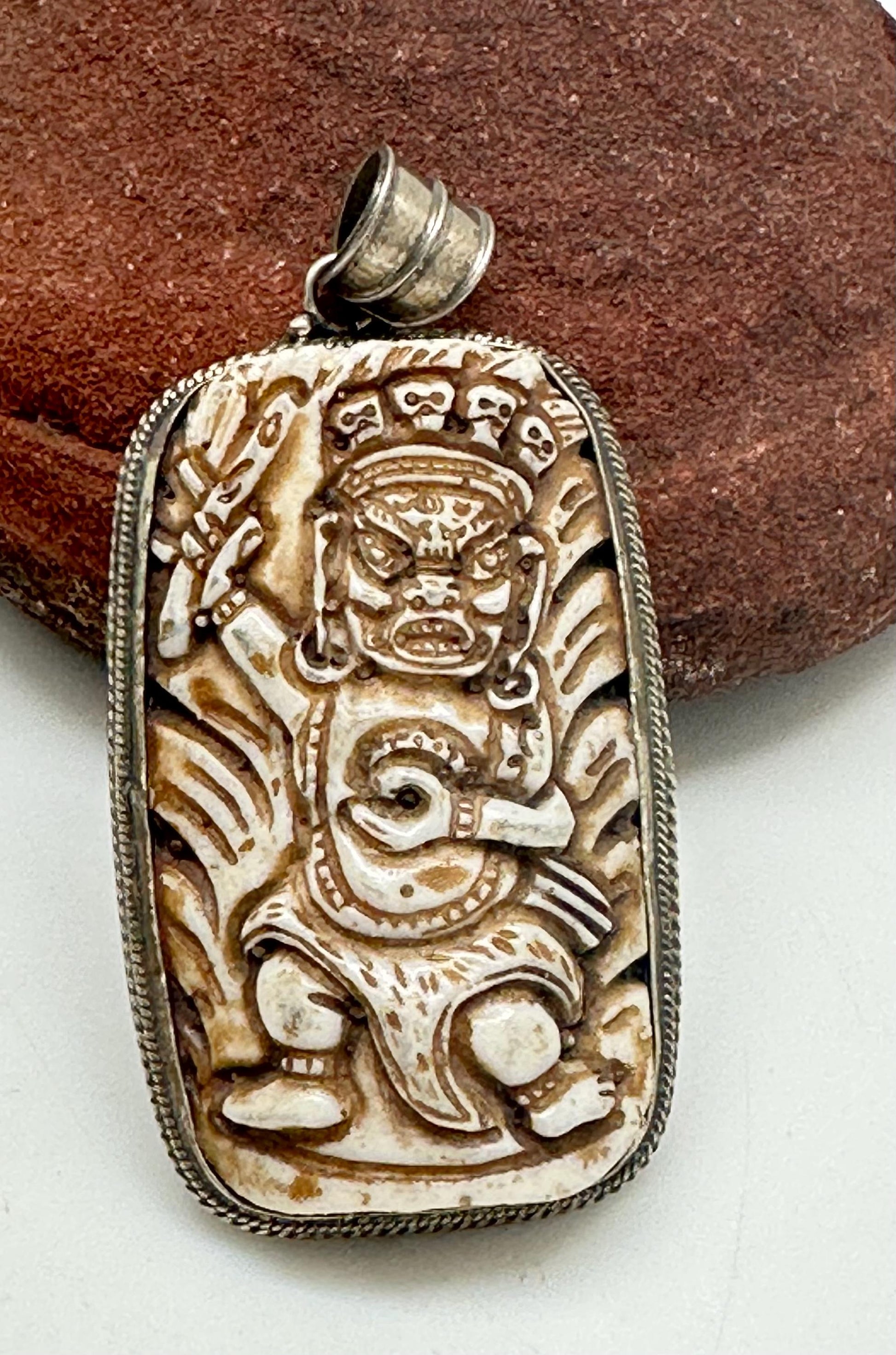 Bhairav pendant, bone carved, handcrafted, tibetan silver, amulet
