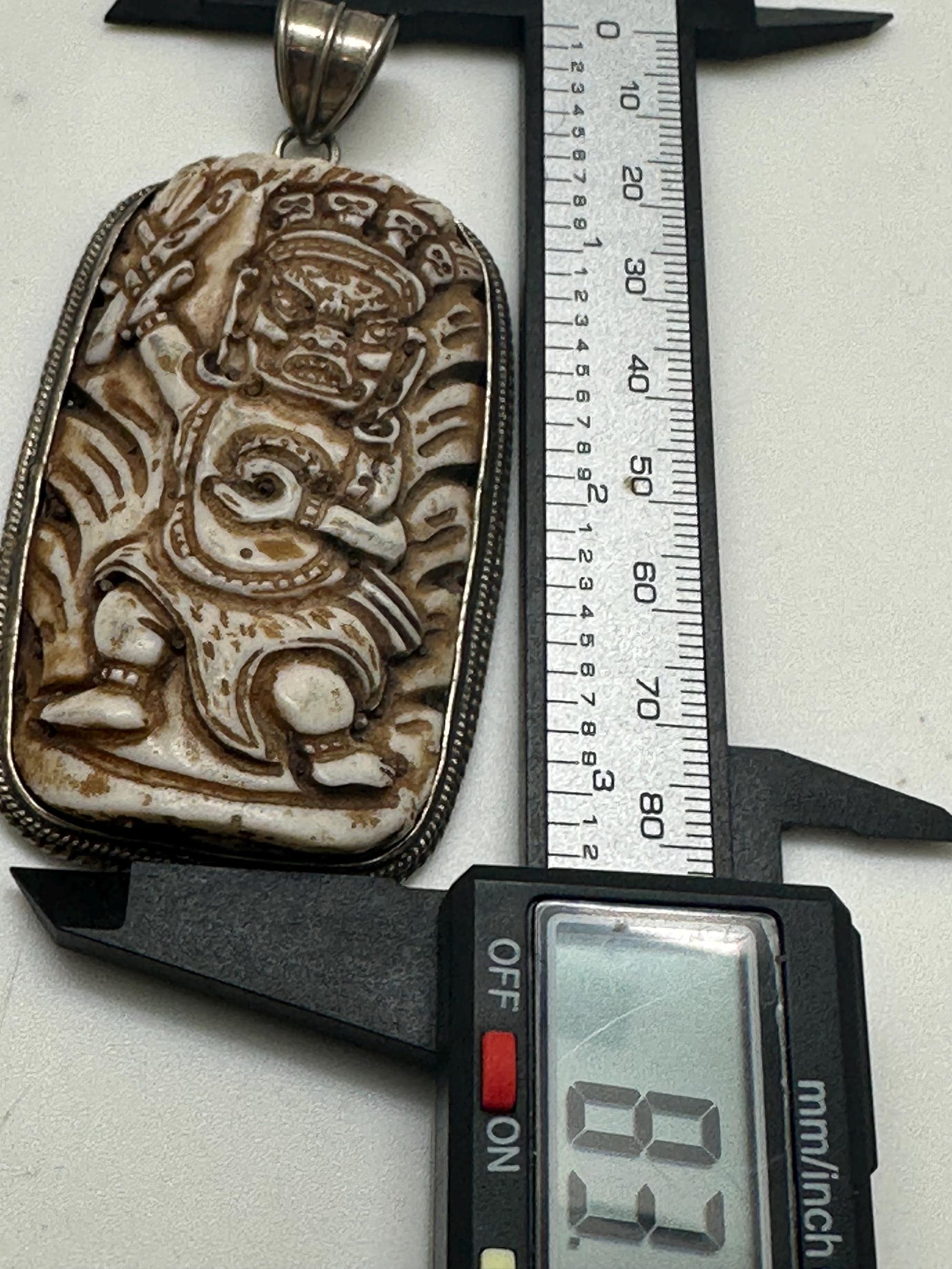 Bhairav pendant, bone carved, handcrafted, tibetan silver, amulet