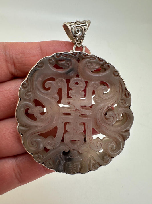 Jade pendant,handcrafted, 925 silver,sterling silver with bail 44.7mmX59.6mm with bail weighs about 35gm