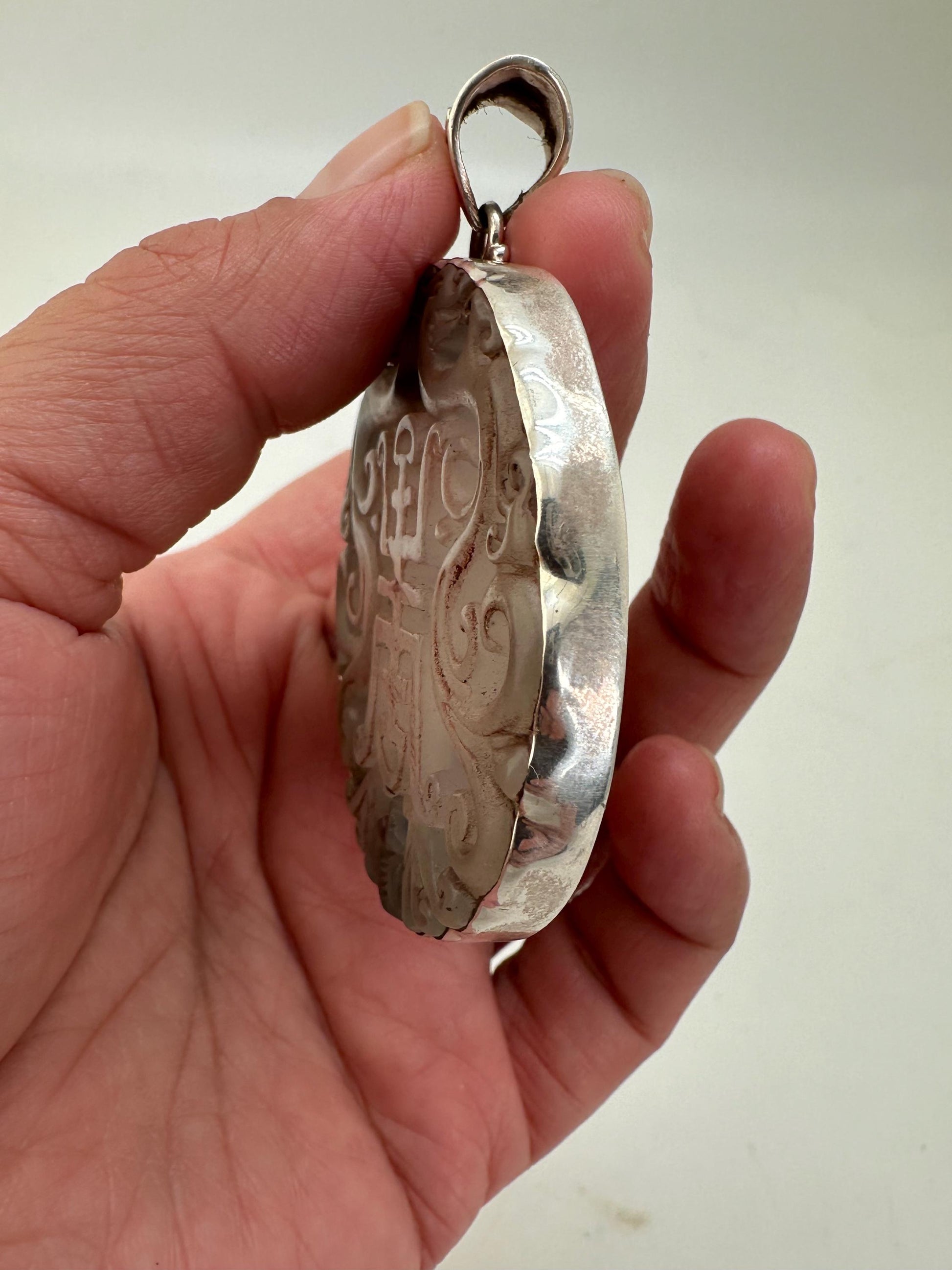 Jade pendant,handcrafted, 925 silver,sterling silver with bail 44.7mmX59.6mm with bail weighs about 35gm