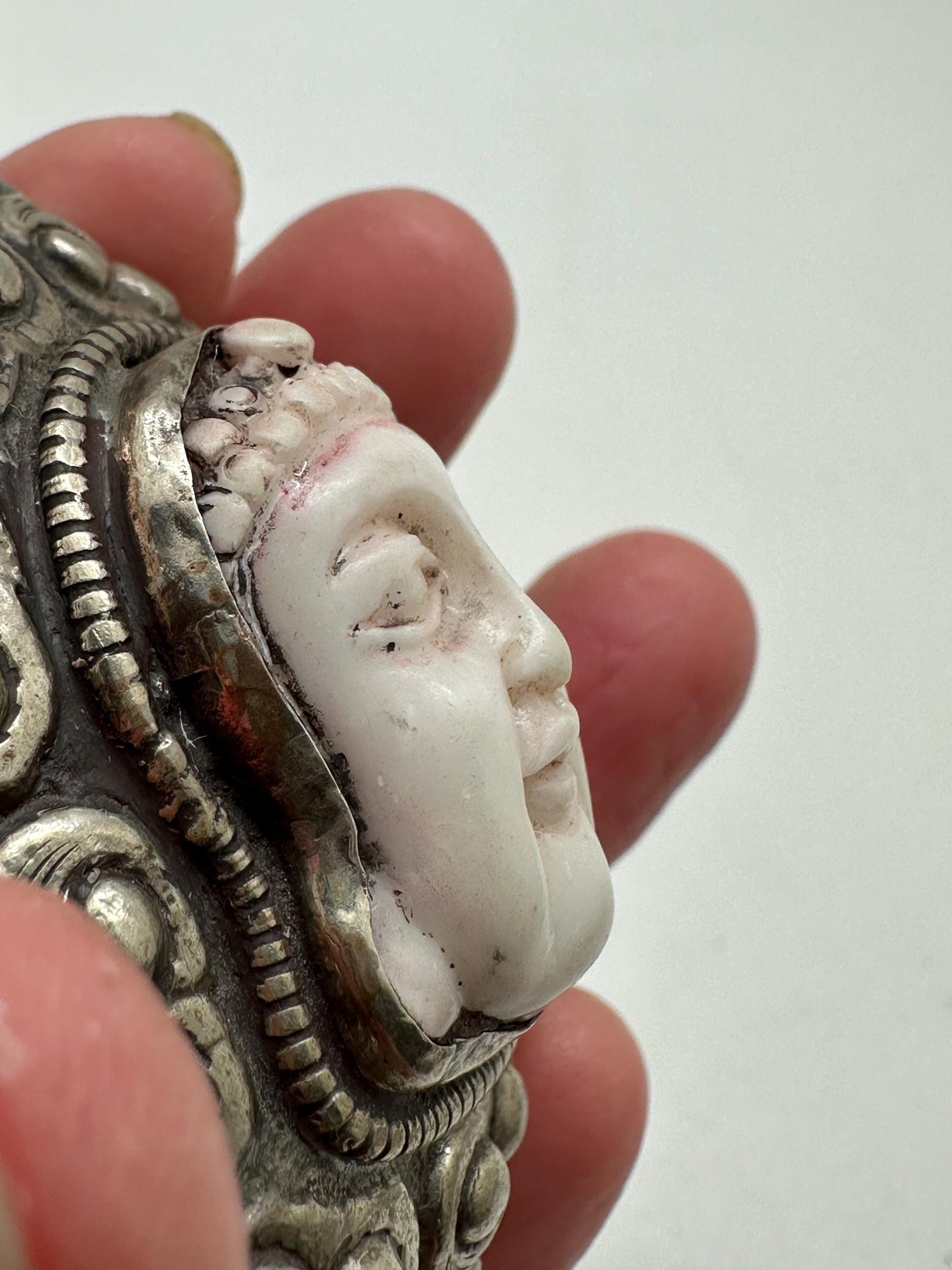 Buddha pendant, large pendant, buddha face, handcrafted,white resin,tibetan repousse silver,amulet,66X43mm
