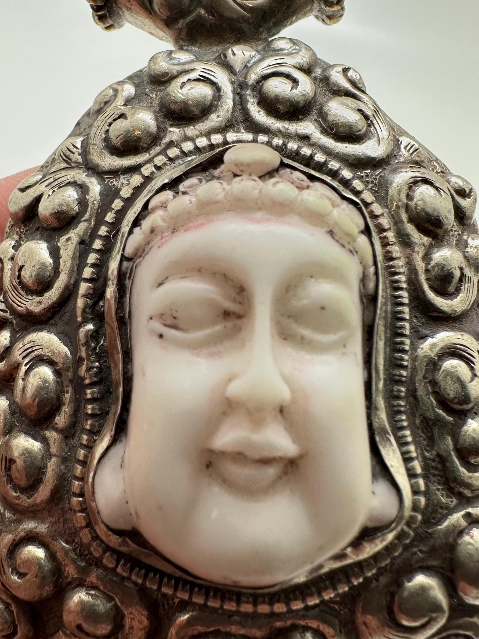 Buddha pendant, large pendant, buddha face, handcrafted,white resin,tibetan repousse silver,amulet,66X43mm