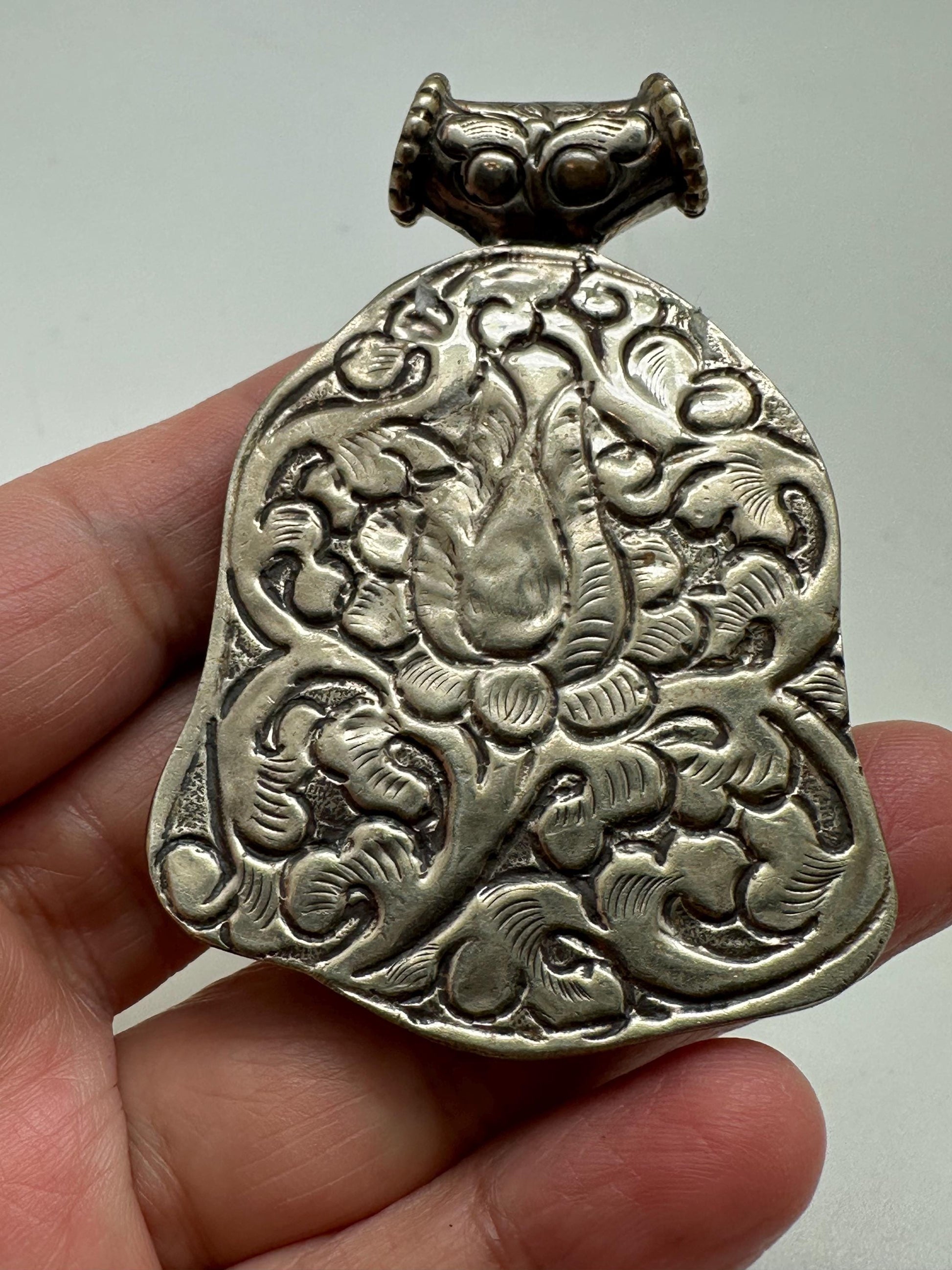 Buddha pendant, large pendant, buddha face, handcrafted,white resin,tibetan repousse silver,amulet,66X43mm