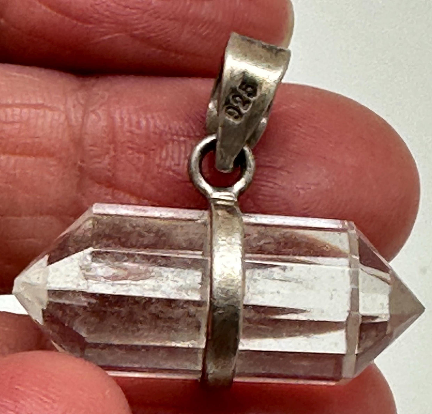 double point pendant, quartz crystal,handcrafted,sterling silver,Nepalese,25mmX14.8mm