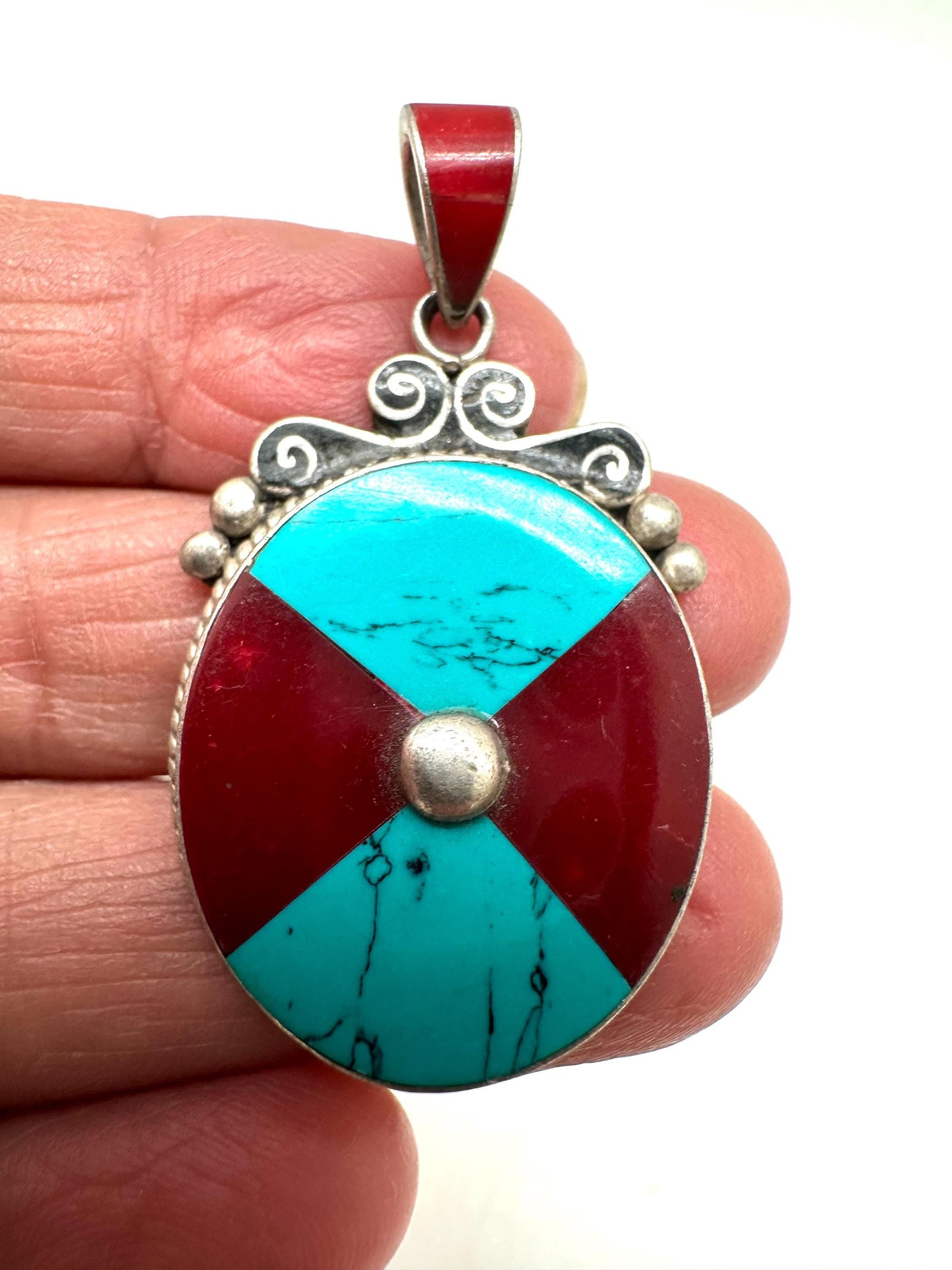 Tibetan turquoise and coral pendant, sterling silver, handcrafted ,ethnic style,Nepalese ,41mmX21mm