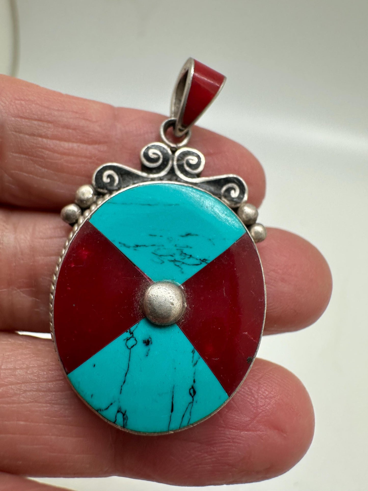 Tibetan turquoise and coral pendant, sterling silver, handcrafted ,ethnic style,Nepalese ,41mmX21mm