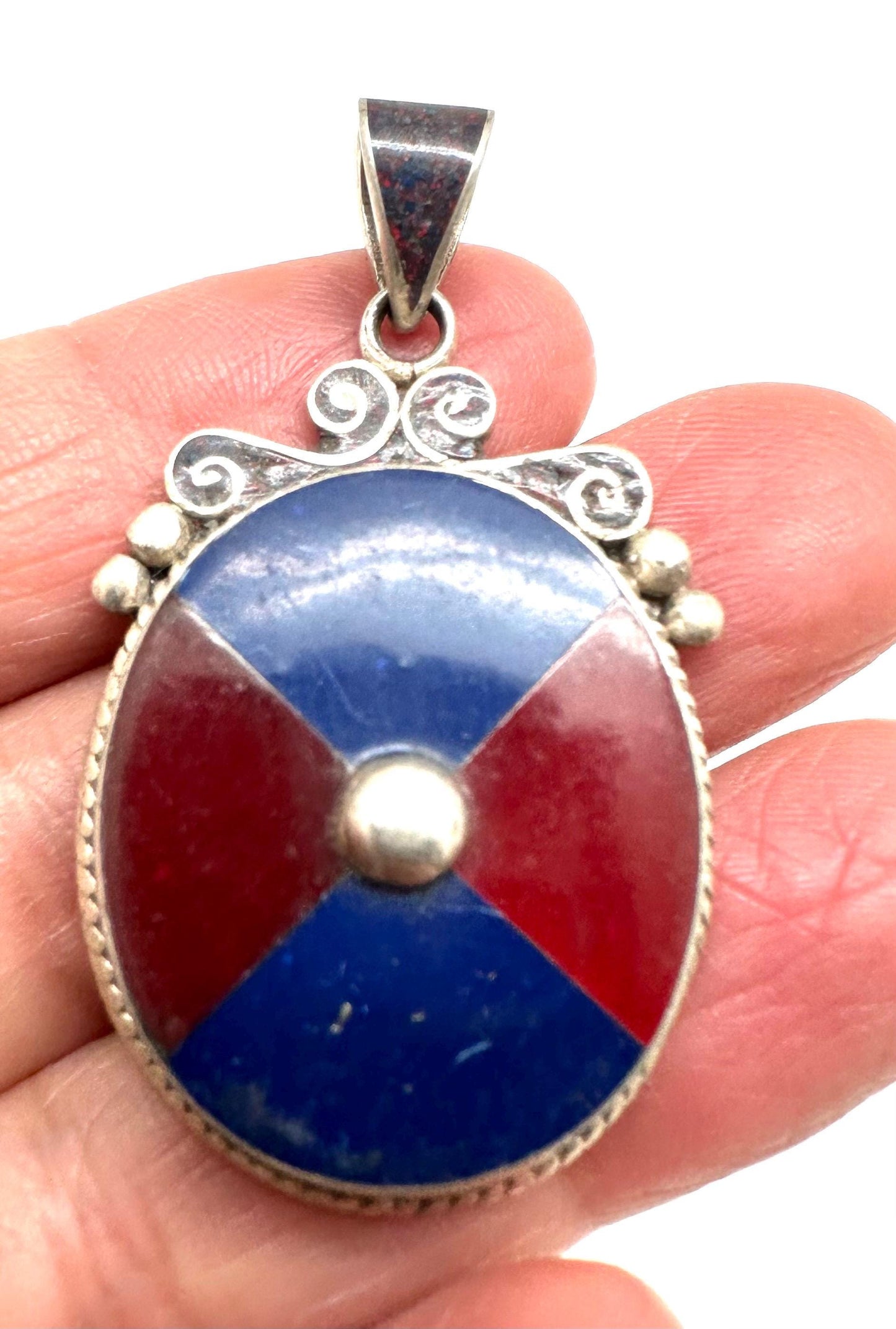 Lapis and coral pendant,inlaid pendant,sterling silver, handcrafted, Nepalese,ethnic style, 42mmX22mm