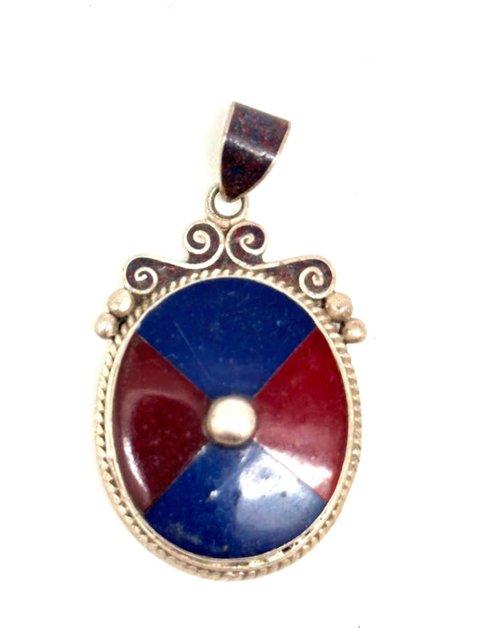 Lapis and coral pendant,inlaid pendant,sterling silver, handcrafted, Nepalese,ethnic style, 42mmX22mm