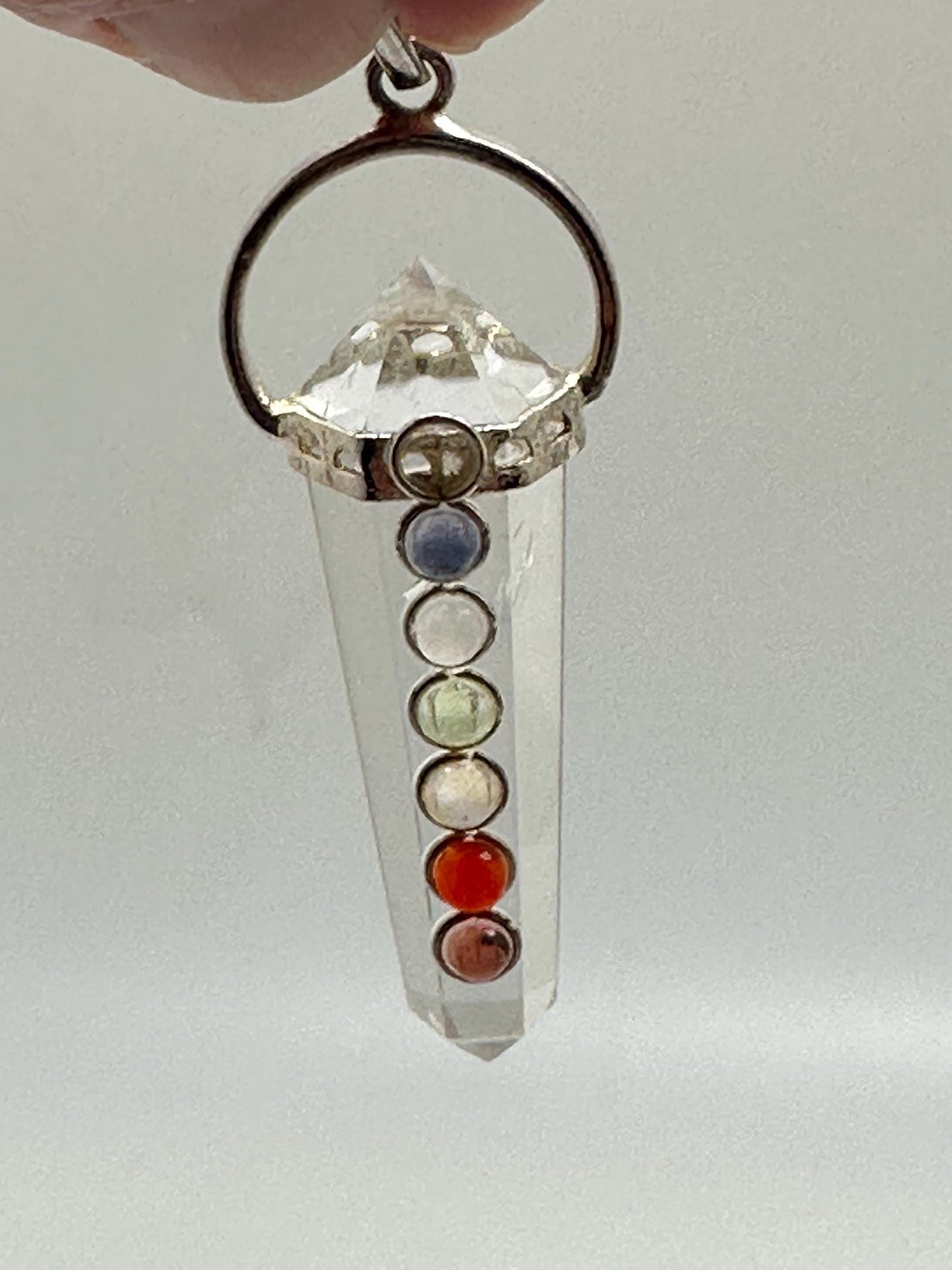 Quartz crystal pendant, point pendant, seven chakra natural gemstone, handcrafted, sterling silver